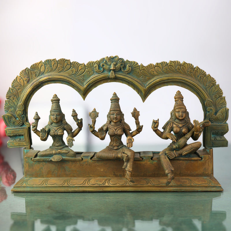 Handcrafted Panchaloha Bronze Lakshmi Mahalakshmi Parvati Gauri Saraswati Sharada Idol Set with Prabhavali – Traditional South Indian Chola Art Sculpture,Brown, 7.5 Inch, 1 Piece