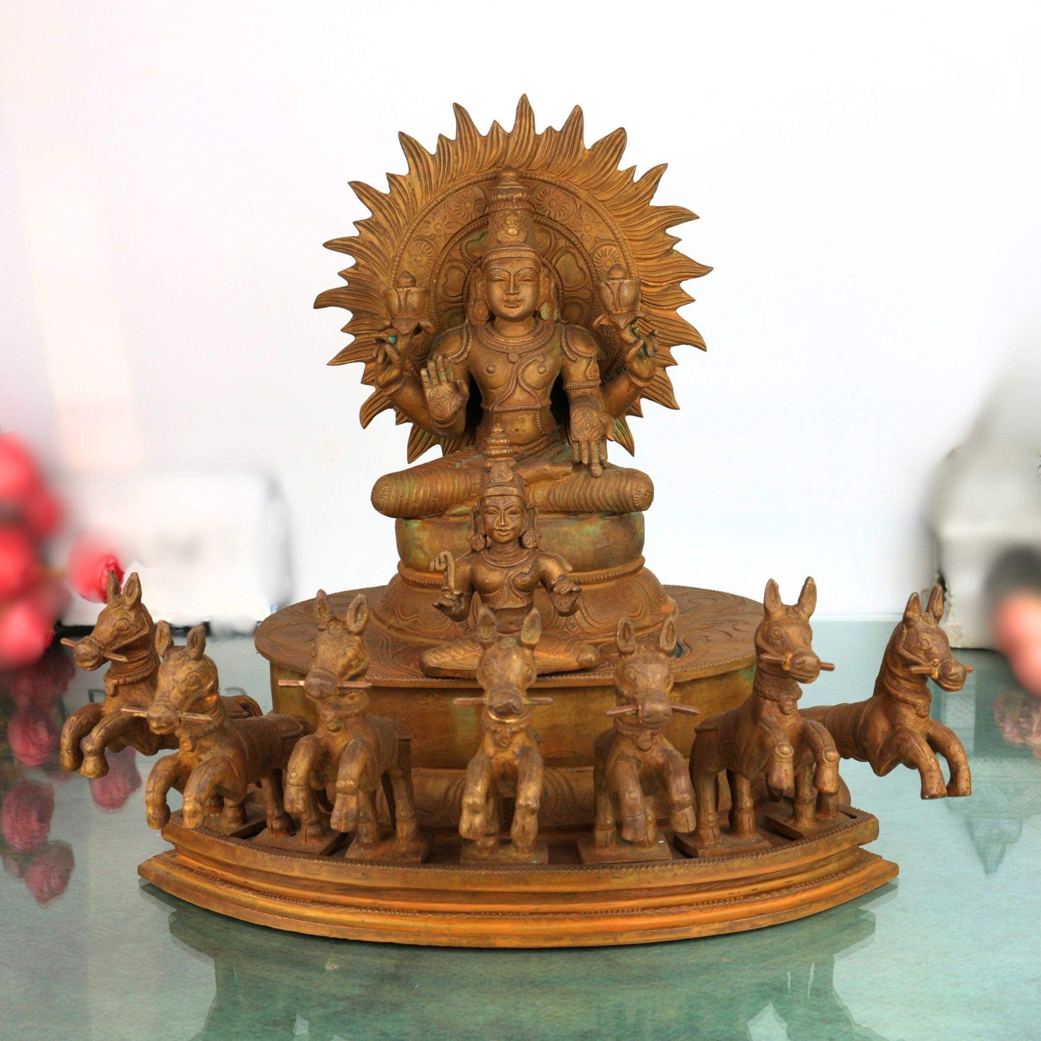 Bronze Surya Dev Rath Idol with Seven Horses, Handcrafted Panchaloha, Ashtadhatu Surya Bhagwan Chariot Sculpture for Temple, Home Decor & Spiritual Puja,Brown, 13.5 Inch, 1 Piece