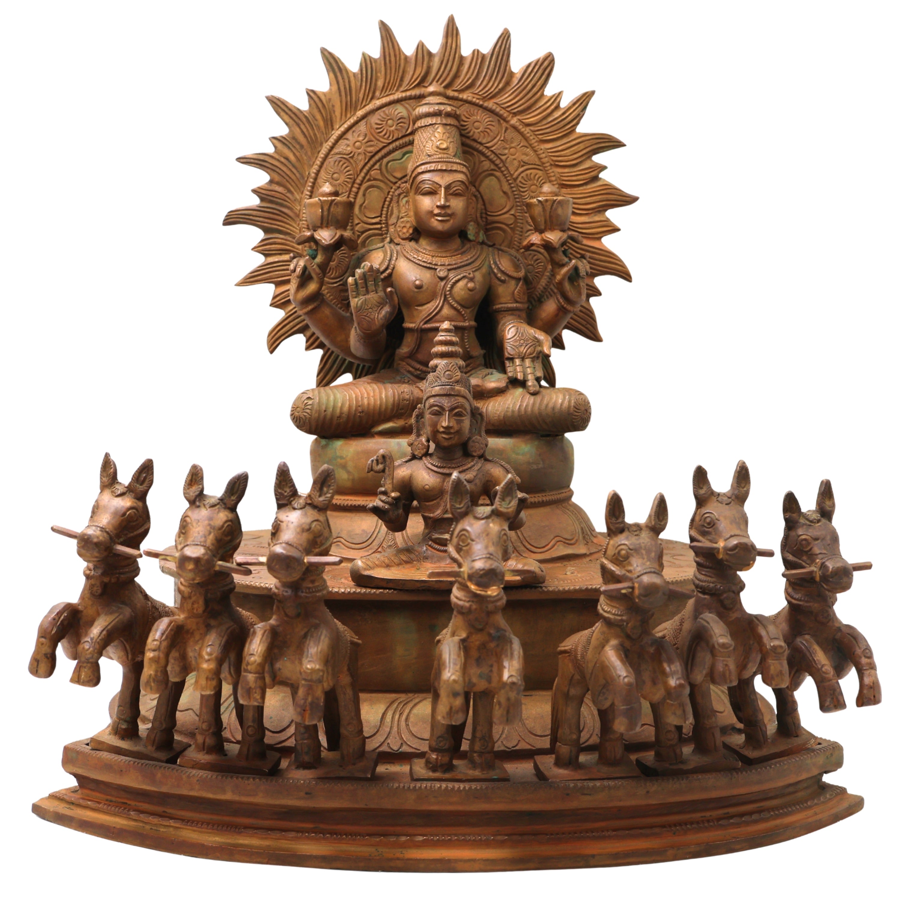 Bronze Surya Dev Rath Idol with Seven Horses, Handcrafted Panchaloha, Ashtadhatu Surya Bhagwan Chariot Sculpture for Temple, Home Decor & Spiritual Puja,Brown, 13.5 Inch, 1 Piece