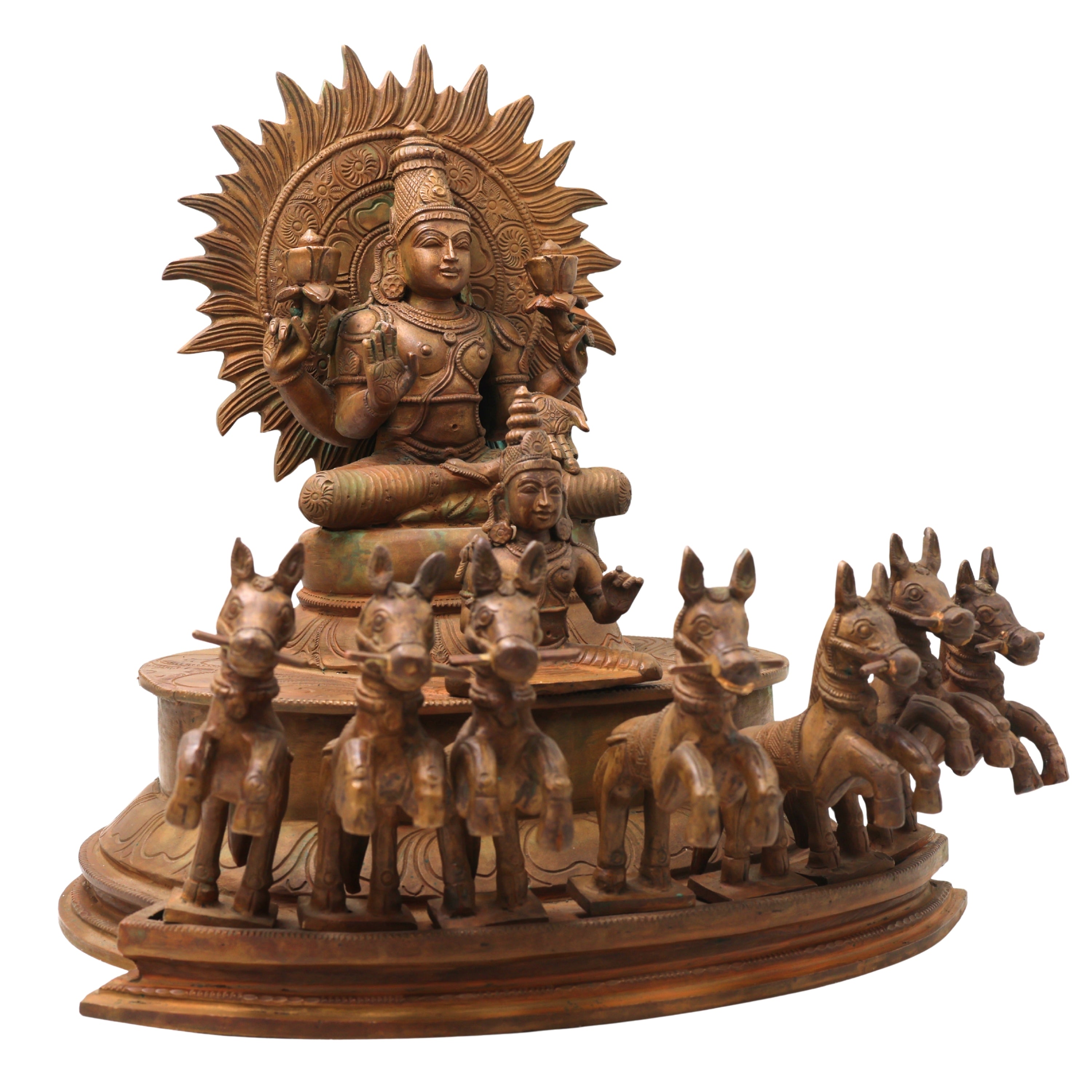 Bronze Surya Dev Rath Idol with Seven Horses, Handcrafted Panchaloha, Ashtadhatu Surya Bhagwan Chariot Sculpture for Temple, Home Decor & Spiritual Puja,Brown, 13.5 Inch, 1 Piece