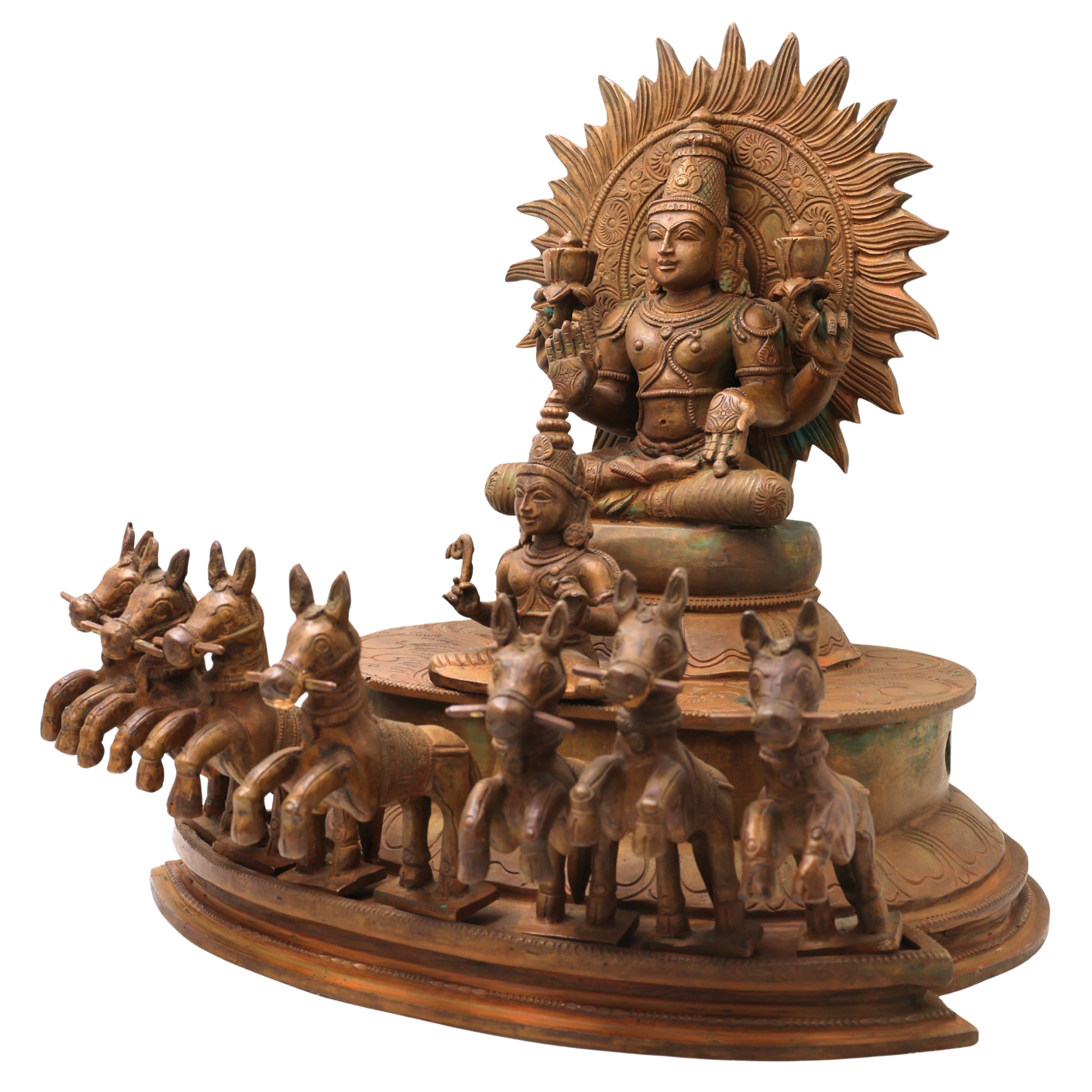 Bronze Surya Dev Rath Idol with Seven Horses, Handcrafted Panchaloha, Ashtadhatu Surya Bhagwan Chariot Sculpture for Temple, Home Decor & Spiritual Puja,Brown, 13.5 Inch, 1 Piece