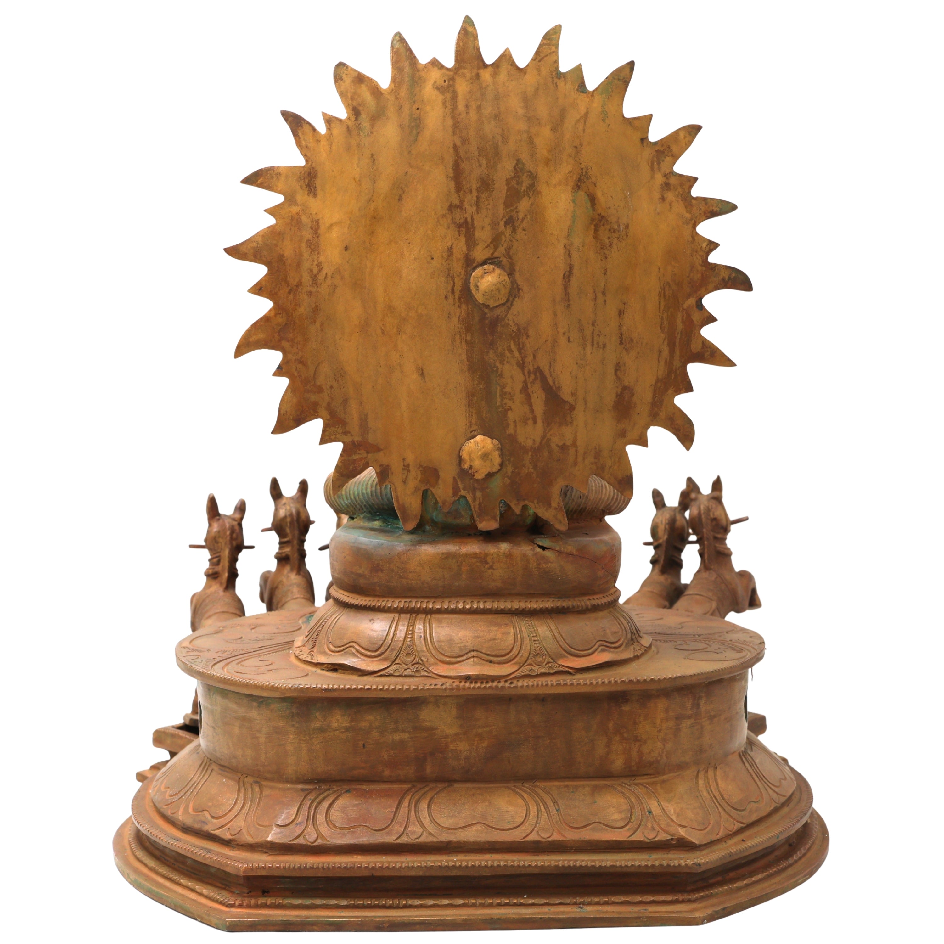 Bronze Surya Dev Rath Idol with Seven Horses, Handcrafted Panchaloha, Ashtadhatu Surya Bhagwan Chariot Sculpture for Temple, Home Decor & Spiritual Puja,Brown, 13.5 Inch, 1 Piece