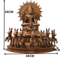 Bronze Surya Dev Rath Idol with Seven Horses, Handcrafted Panchaloha, Ashtadhatu Surya Bhagwan Chariot Sculpture for Temple, Home Decor & Spiritual Puja,Brown, 13.5 Inch, 1 Piece