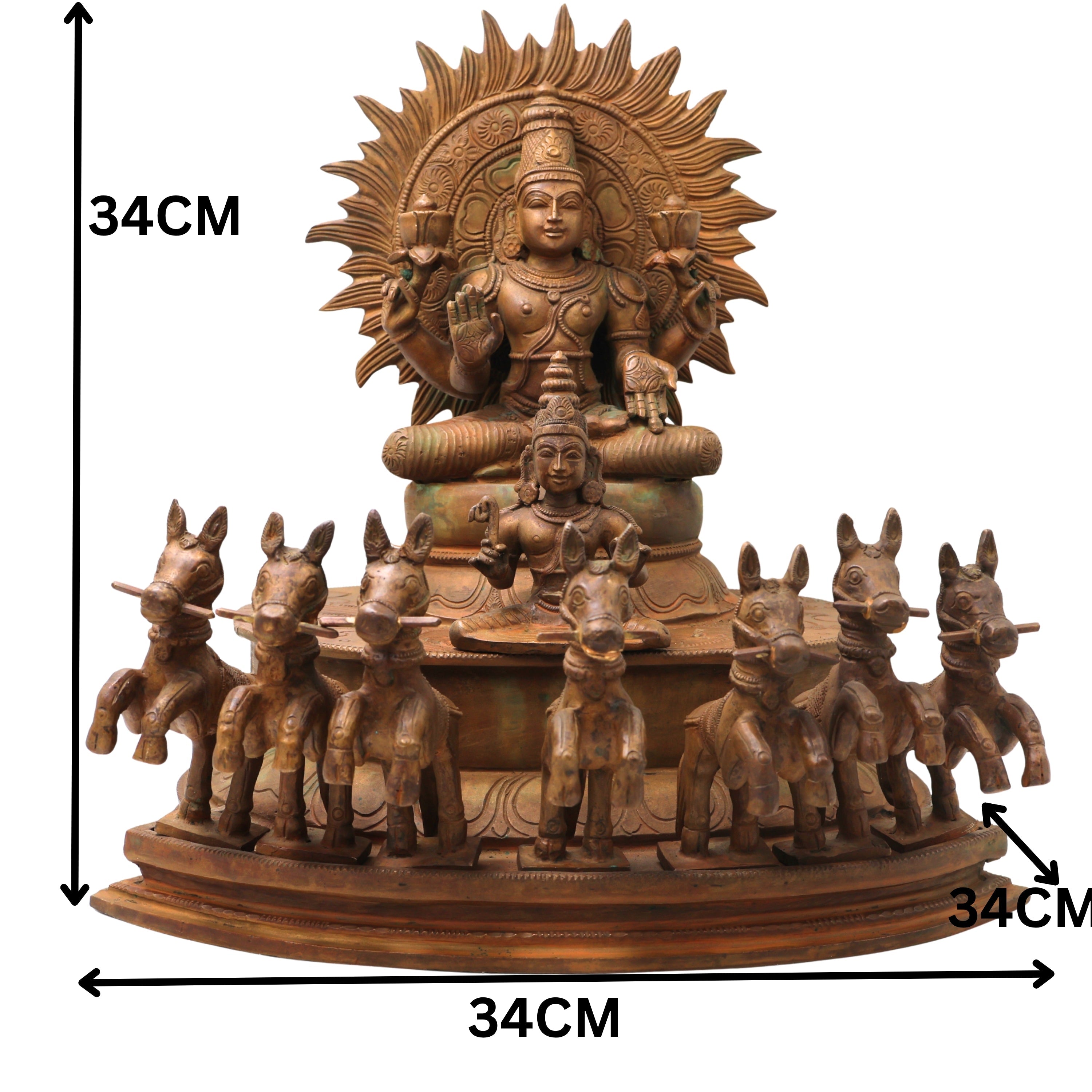 Bronze Surya Dev Rath Idol with Seven Horses, Handcrafted Panchaloha, Ashtadhatu Surya Bhagwan Chariot Sculpture for Temple, Home Decor & Spiritual Puja,Brown, 13.5 Inch, 1 Piece