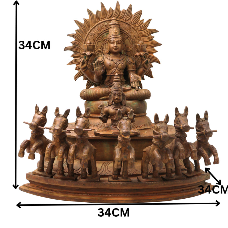 Bronze Surya Dev Rath Idol with Seven Horses, Handcrafted Panchaloha, Ashtadhatu Surya Bhagwan Chariot Sculpture for Temple, Home Decor & Spiritual Puja,Brown, 13.5 Inch, 1 Piece