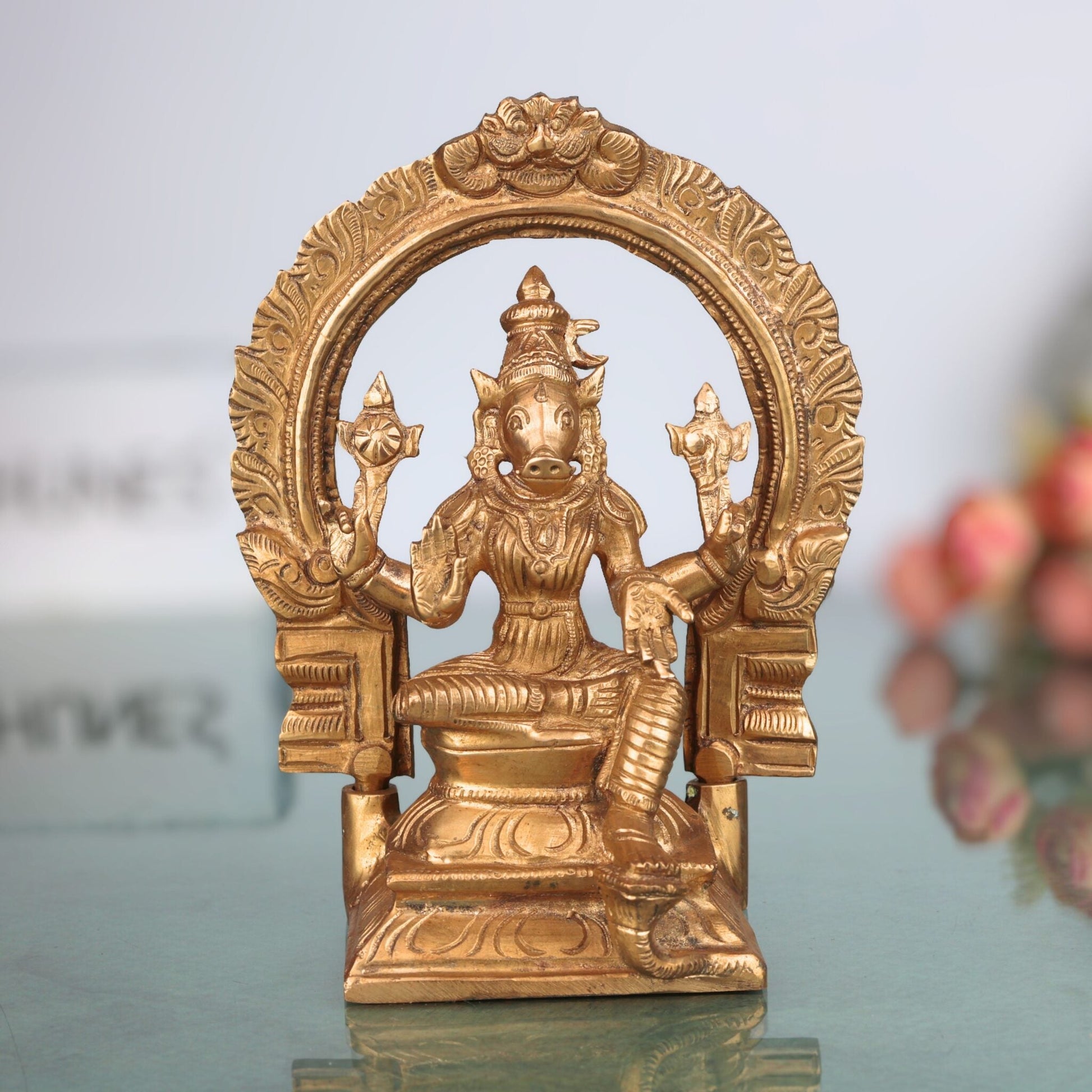 Handcrafted Bronze Panchaloha Varahi Amman Devi Idol – Chola Art South Indian Varahi Mata / Varahi Shakti / Maha Varahi Statue for Puja & Temple,Gold, 6 Inch, 1 Piece