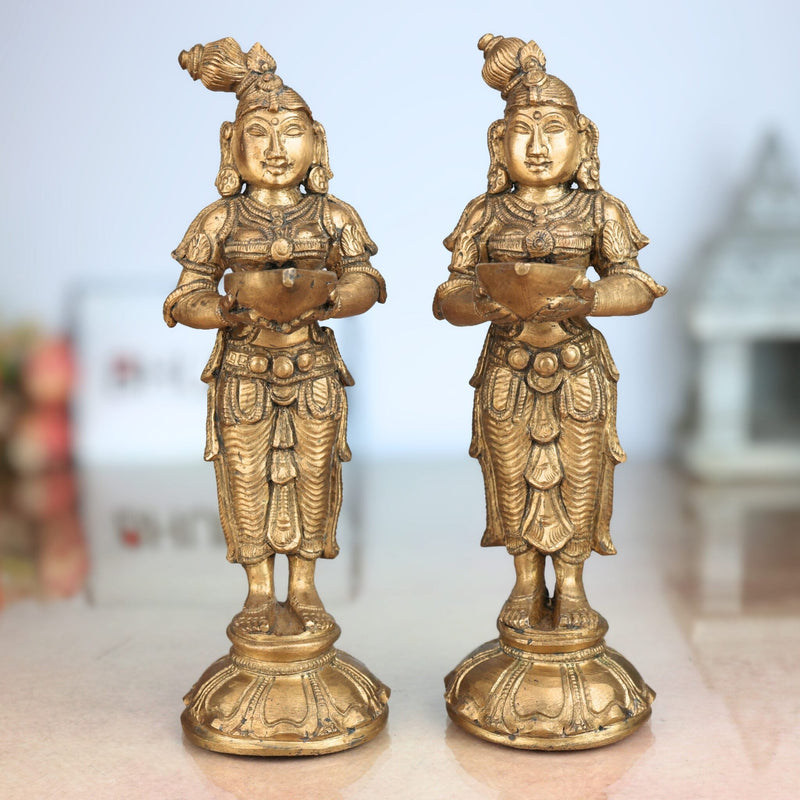 Handcrafted Bronze Panchaloha Deepalakshmi Deepam Lady Idol Set – Vilakku Lakshmi | Jyoti Lakshmi | Chola Art Temple Decor,Gold, 7.5 Inch, 1 Piece