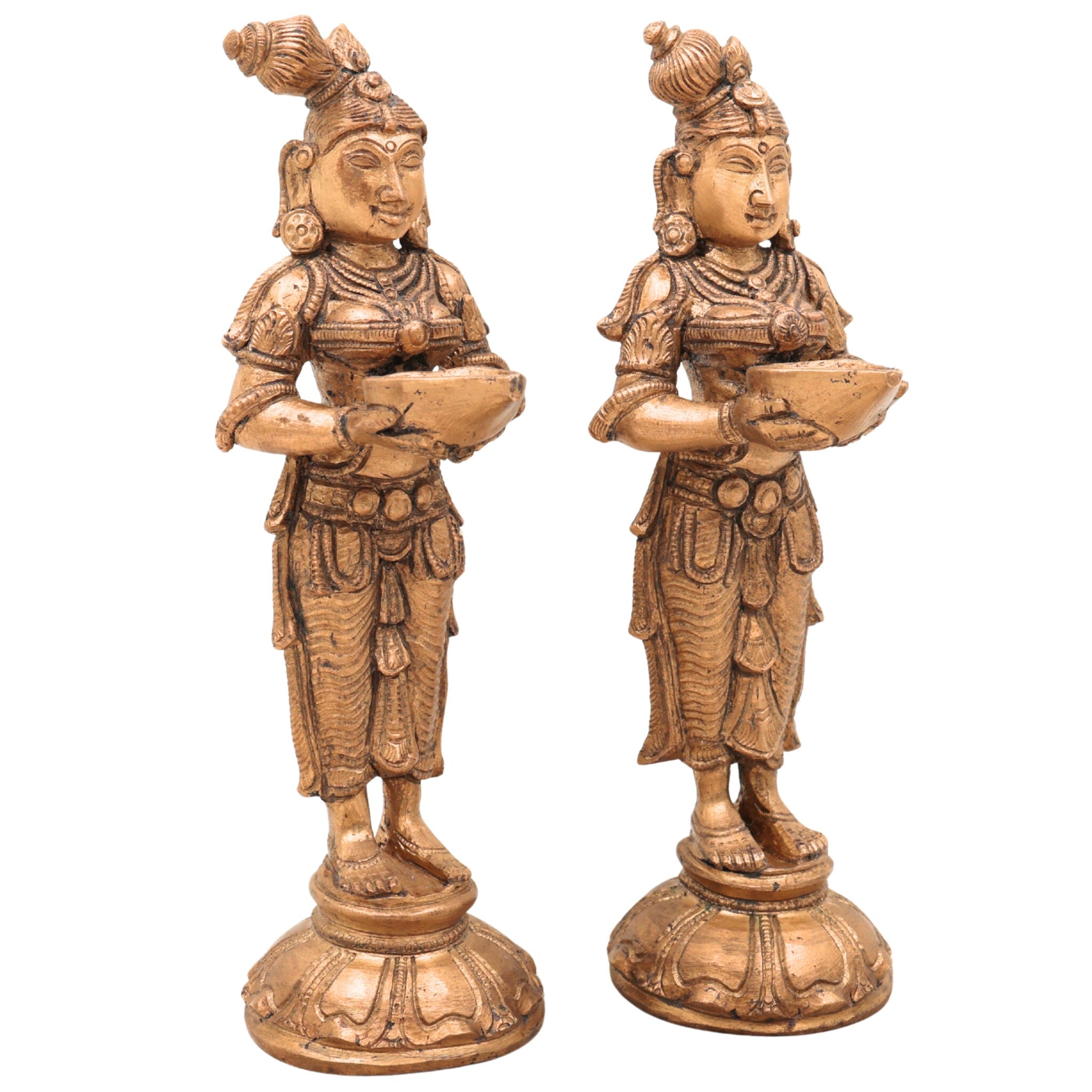 Handcrafted Bronze Panchaloha Deepalakshmi Deepam Lady Idol Set – Vilakku Lakshmi | Jyoti Lakshmi | Chola Art Temple Decor,Gold, 7.5 Inch, 1 Piece