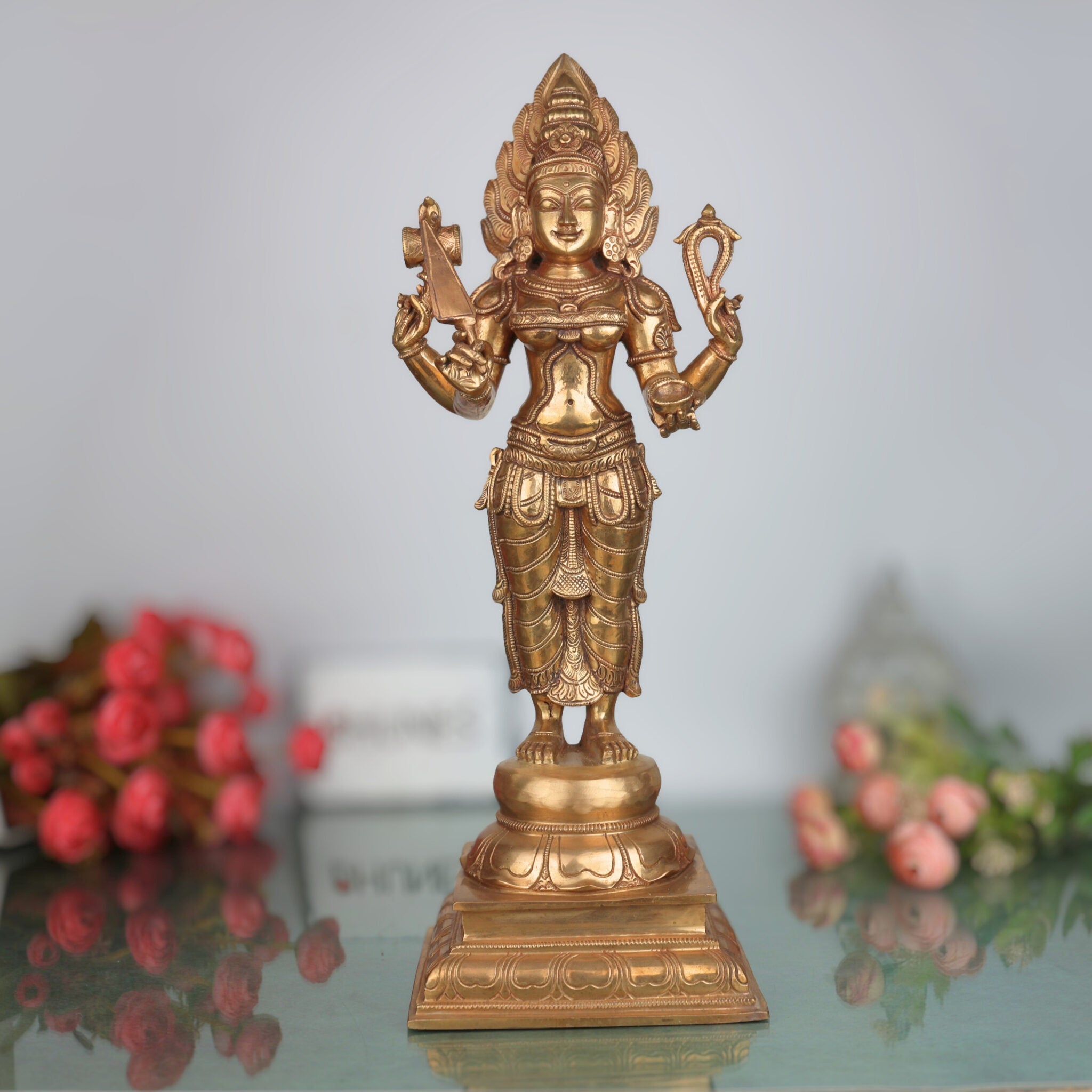 Handcrafted Bronze Mariamman Idol – Panchaloha Mari Amman / Mariyamma / Goddess Shakti Temple Murti for Home, Pooja & Gifting ,Gold, 19 Inch, 1 Piece