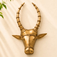 Bronze Nandi Face Wall Hanging Idol | Panchaloha Basava Mukha Vrishabha Head | Handcrafted South Indian Chola Art Basaveshwara Nandikeshwara Temple Wall Décor, Gold, 14.5 Inch, 1 Piece