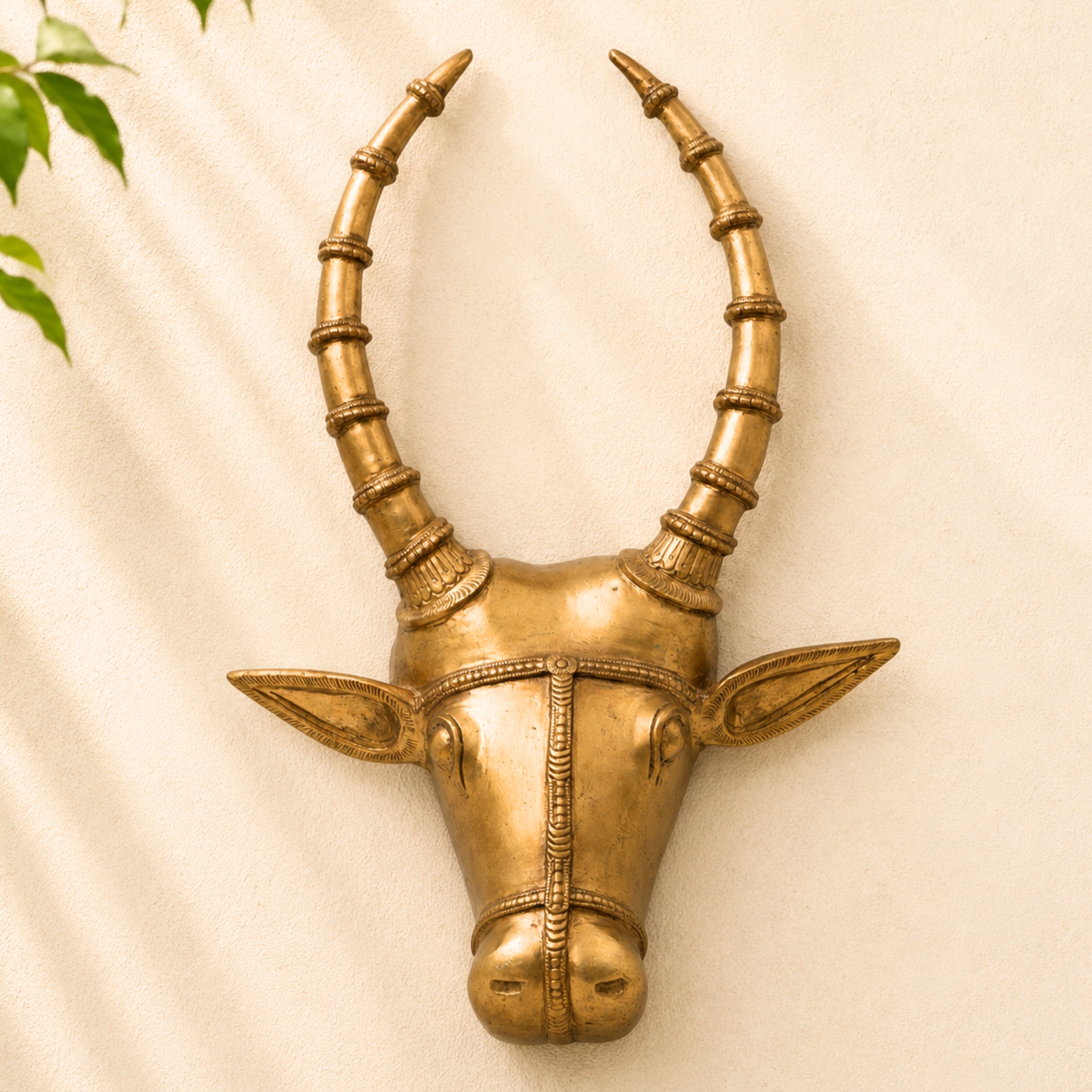 Bronze Nandi Face Wall Hanging Idol | Panchaloha Basava Mukha Vrishabha Head | Handcrafted South Indian Chola Art Basaveshwara Nandikeshwara Temple Wall Décor, Gold, 14.5 Inch, 1 Piece