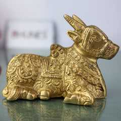 Brass Nandi Idol | Peetal Vrishabha Statue | Basava Bull Showpiece | Shiva Vahana Decorative Idol for Home Temple & Pooja,Gold, 4 Inch, 1 Piece