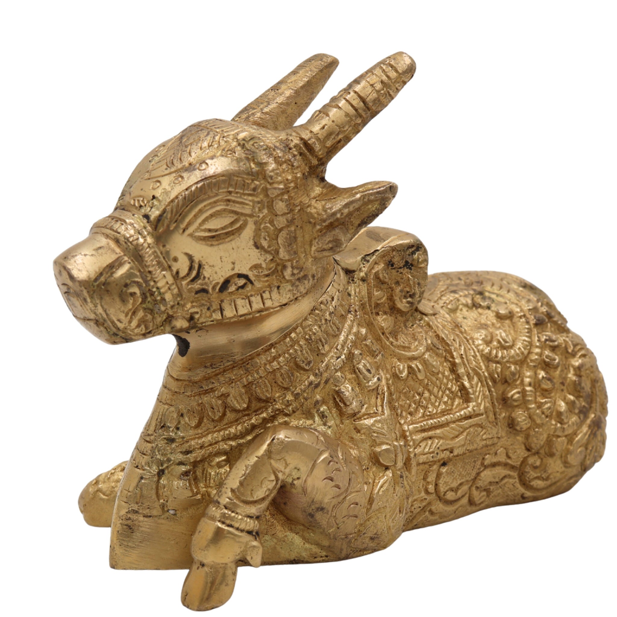 Brass Nandi Idol | Peetal Vrishabha Statue | Basava Bull Showpiece | Shiva Vahana Decorative Idol for Home Temple & Pooja,Gold, 4 Inch, 1 Piece