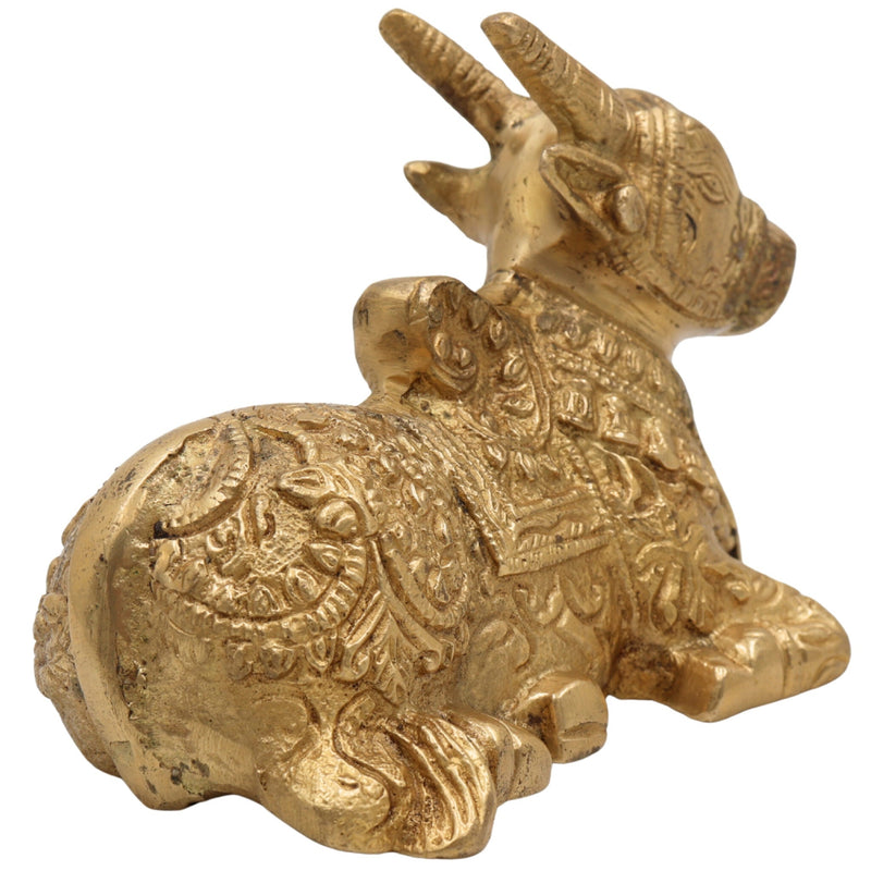 Brass Nandi Idol | Peetal Vrishabha Statue | Basava Bull Showpiece | Shiva Vahana Decorative Idol for Home Temple & Pooja,Gold, 4 Inch, 1 Piece