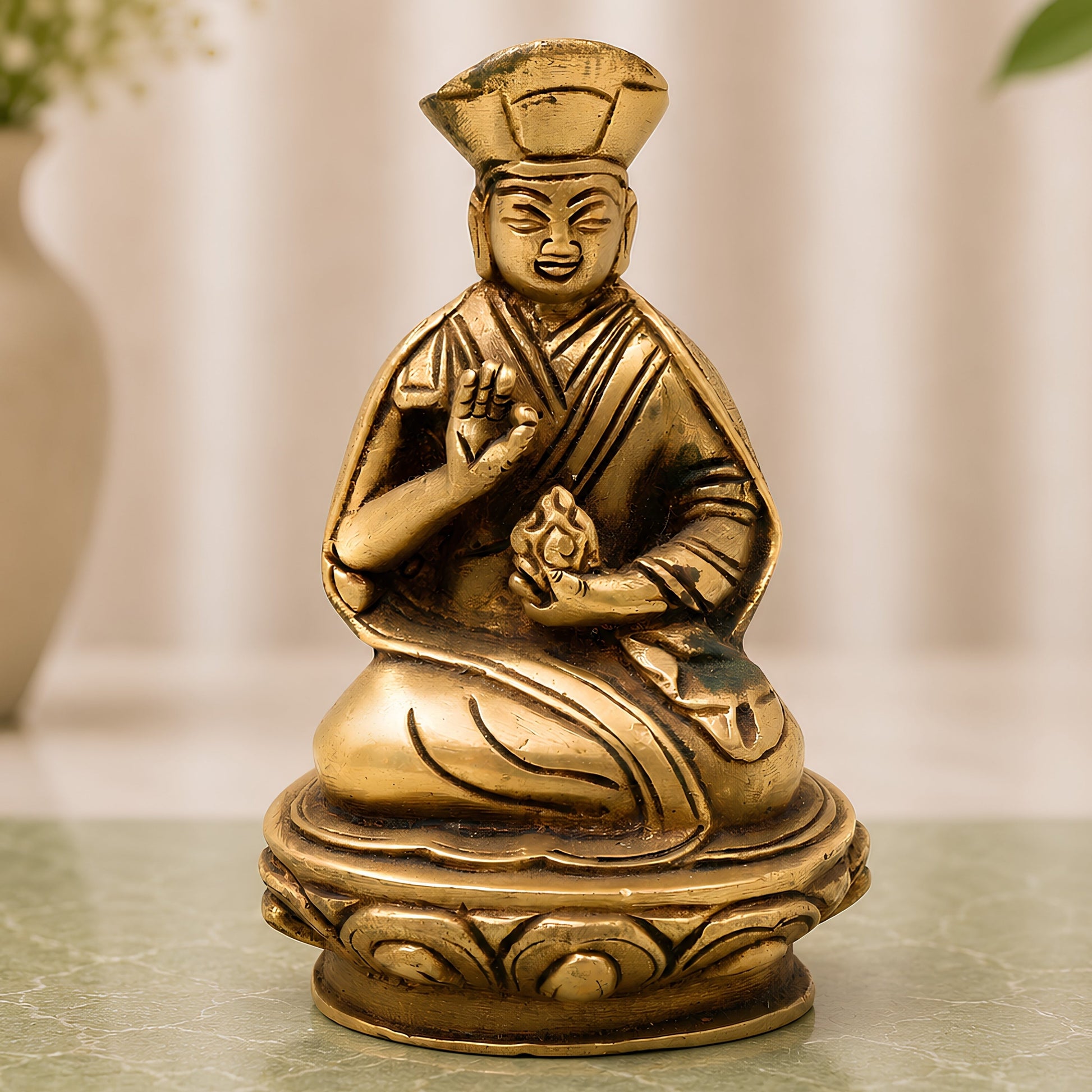 Brass Buddhist Lamba Idol | Buddha Statue, Tibetan Buddha Murti, Handcrafted Meditation Buddha Sculpture, Peetal Buddha Figurine,Gold, 4 Inch, 1 Piece
