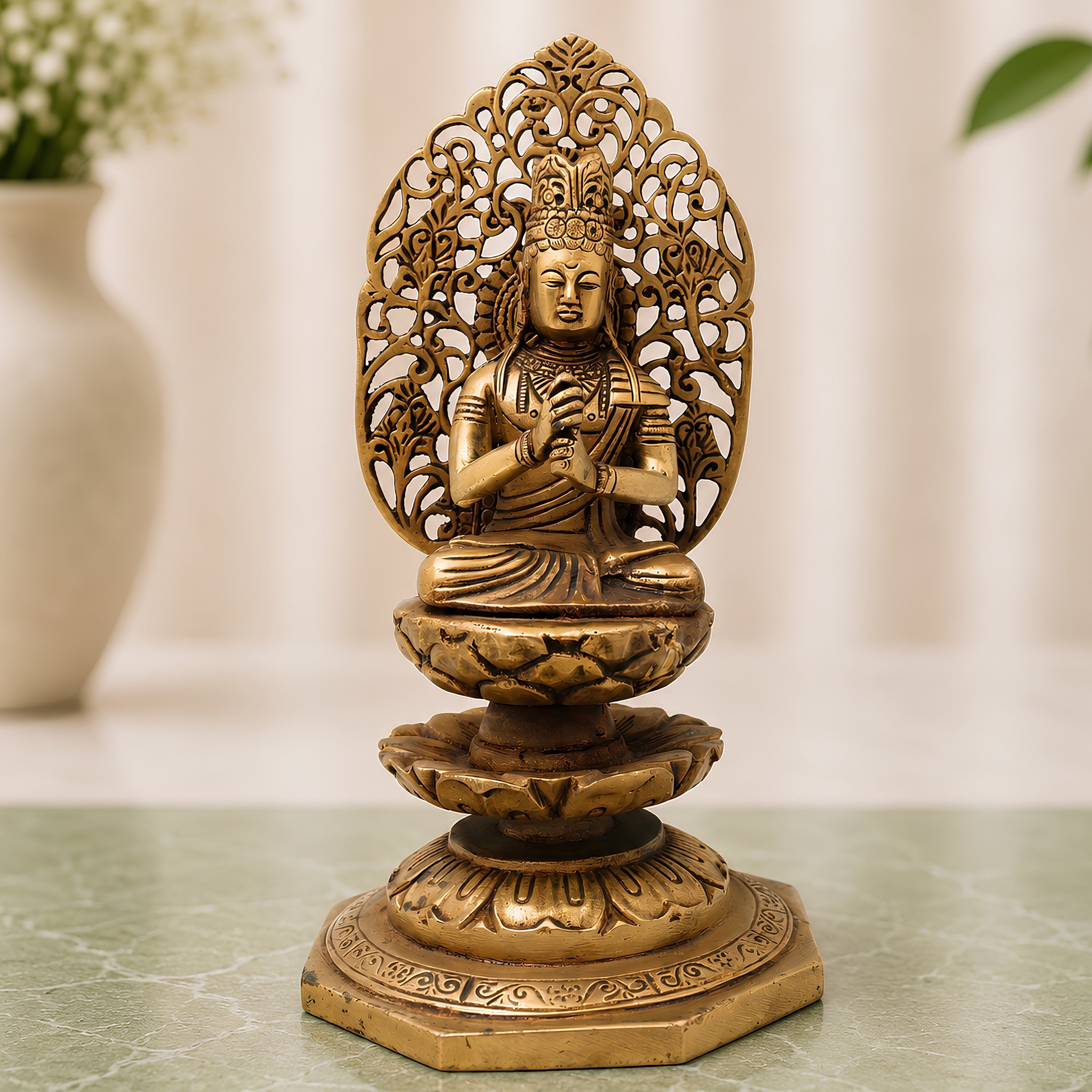 Brass Buddha Idol, Meditating Buddha Statue, Gautama Buddha Murti, Shakyamuni Buddha Figurine for Home, Temple, Office & Spiritual Gifting,Gold, 8 Inch, 1 Piece