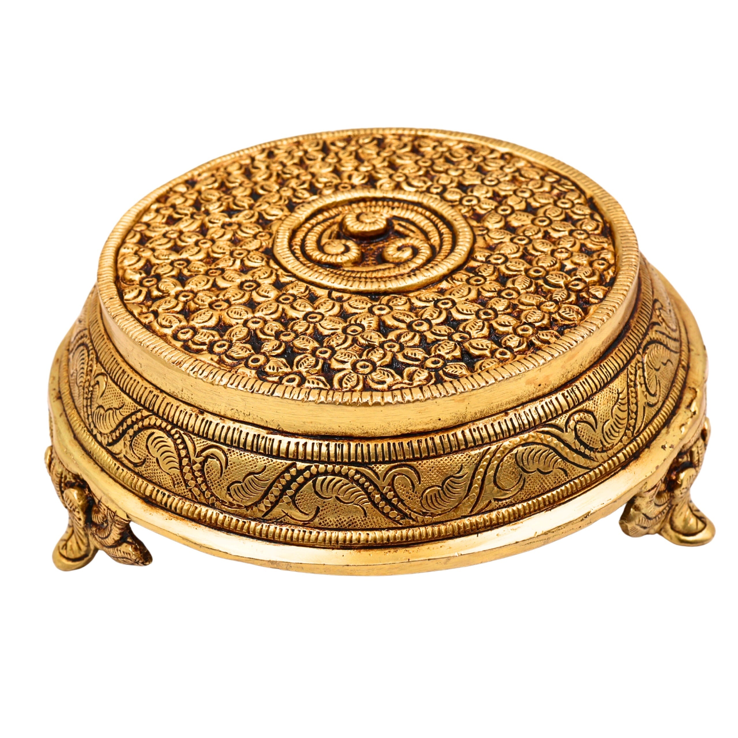 Brass Pooja Chowki Bajot, Handmade Temple Peetha, Poja Aasan Stand for Idols, Kalash, Deity Singhasan, Mandir Platform, Gold, 3 Inch, 1 Piece