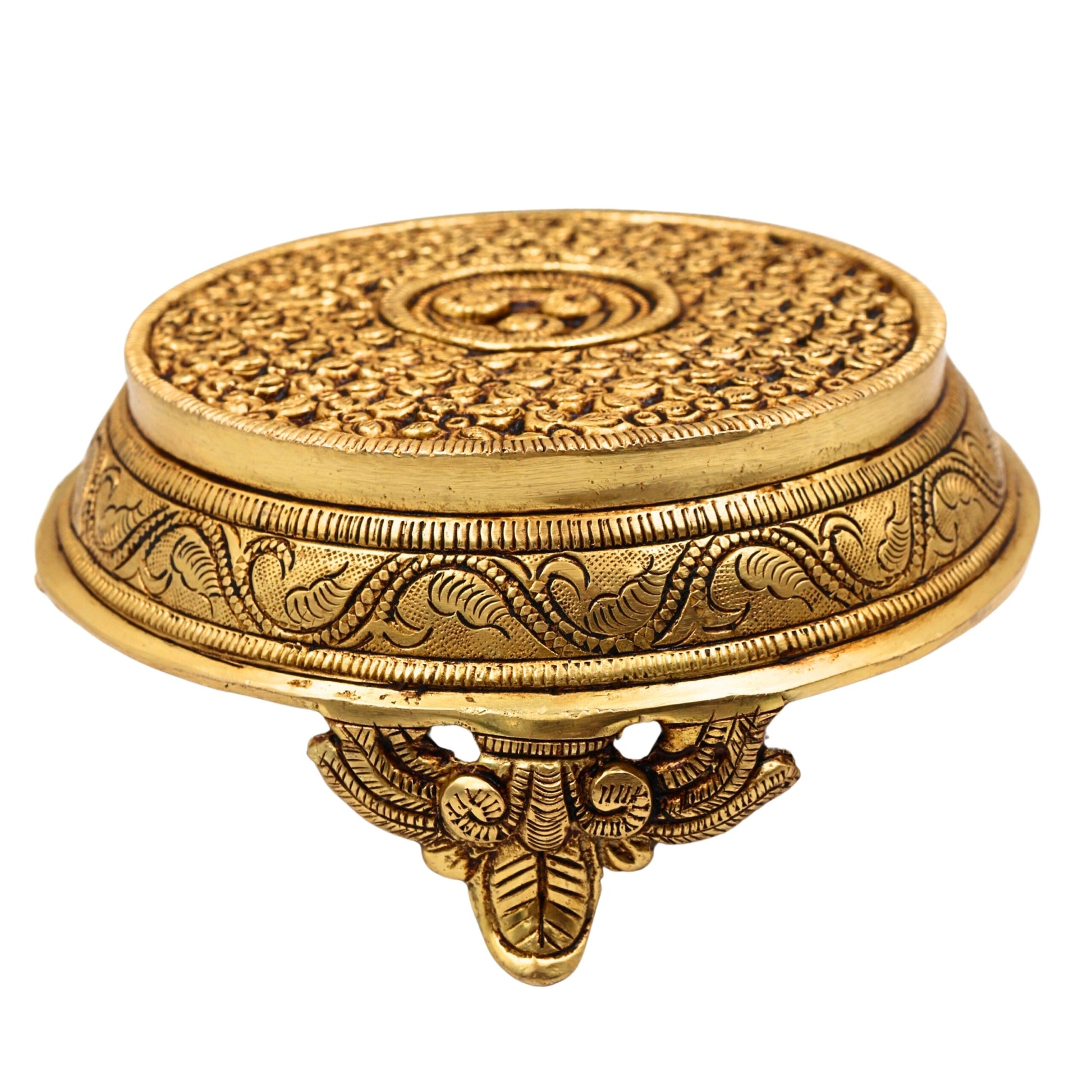 Brass Pooja Chowki Bajot, Handmade Temple Peetha, Poja Aasan Stand for Idols, Kalash, Deity Singhasan, Mandir Platform, Gold, 3 Inch, 1 Piece