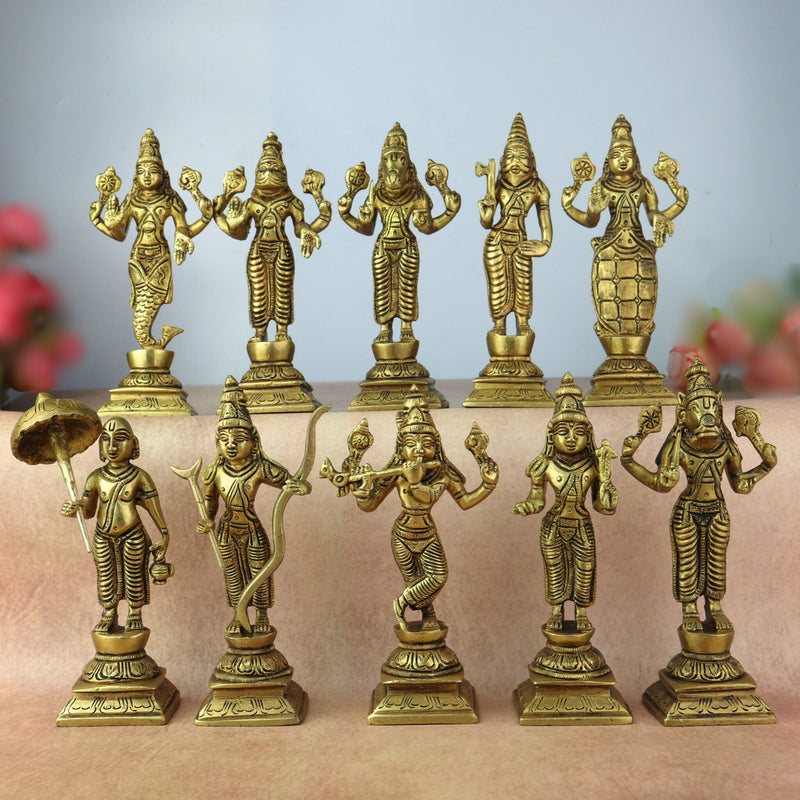 Premium Brass Vishnu Dashavatara Idol Set – Ten Avatars Murti of Vishnu (Matsya, Kurma, Varaha, Narasimha, Vamana, Parashurama, Rama, Balarama, Krishna, Kalki) for Home, Temple, Pooja Room & Office Decor,Gold, 6 Inch, 1 Piece