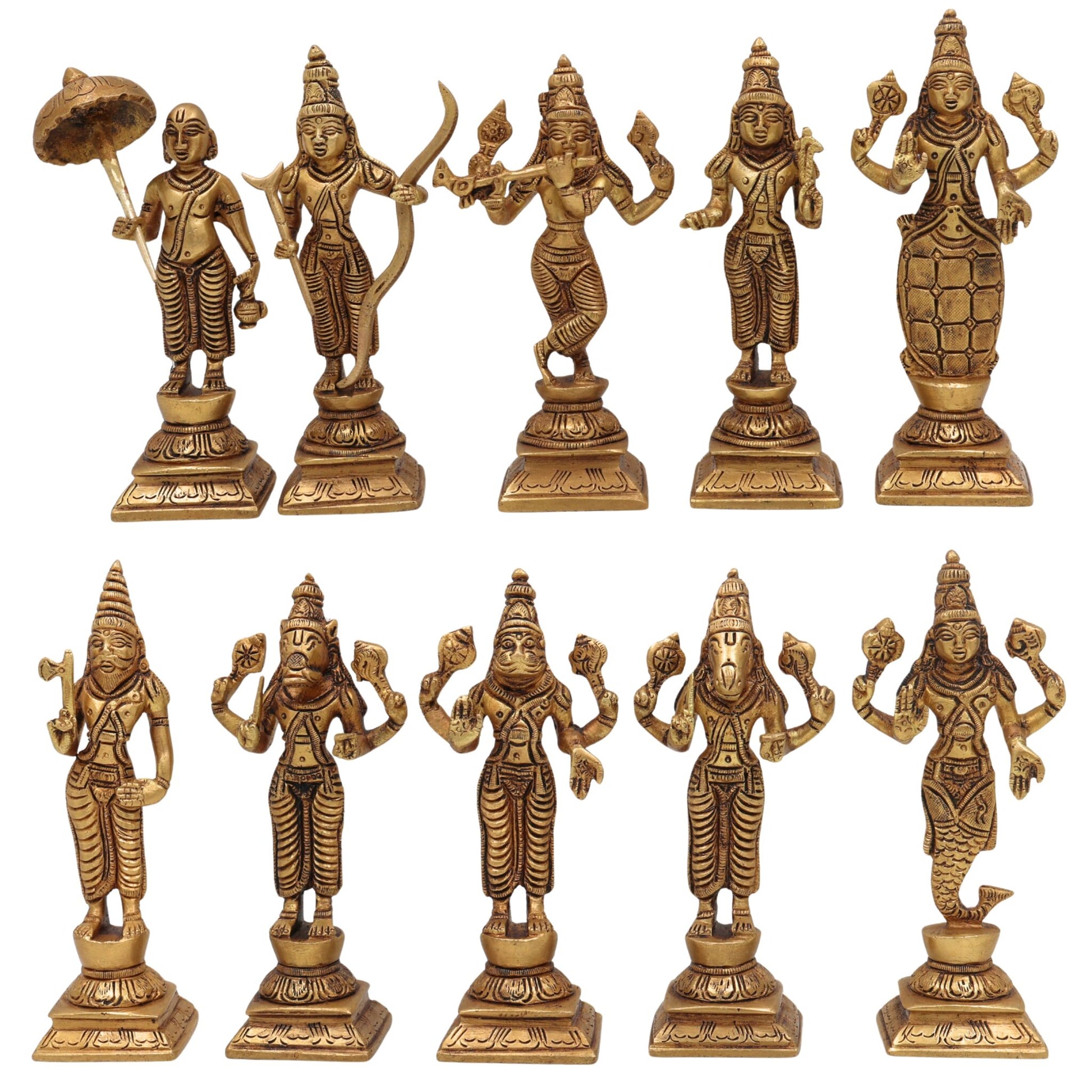 Premium Brass Vishnu Dashavatara Idol Set – Ten Avatars Murti of Vishnu (Matsya, Kurma, Varaha, Narasimha, Vamana, Parashurama, Rama, Balarama, Krishna, Kalki) for Home, Temple, Pooja Room & Office Decor,Gold, 6 Inch, 1 Piece