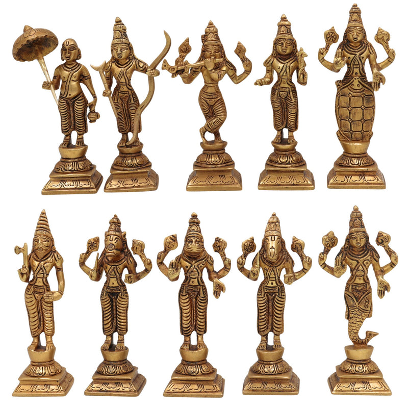 Premium Brass Vishnu Dashavatara Idol Set – Ten Avatars Murti of Vishnu (Matsya, Kurma, Varaha, Narasimha, Vamana, Parashurama, Rama, Balarama, Krishna, Kalki) for Home, Temple, Pooja Room & Office Decor,Gold, 6 Inch, 1 Piece