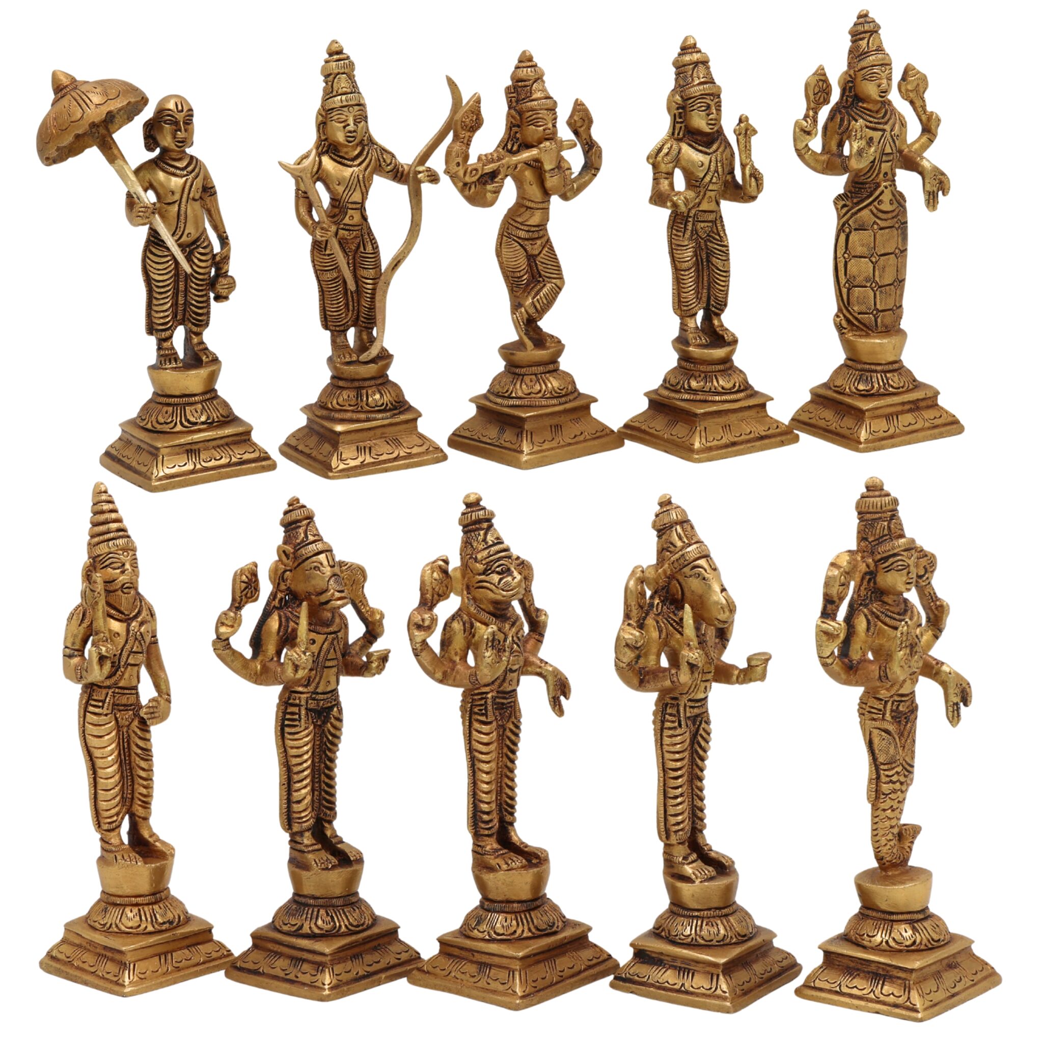 Premium Brass Vishnu Dashavatara Idol Set – Ten Avatars Murti of Vishnu (Matsya, Kurma, Varaha, Narasimha, Vamana, Parashurama, Rama, Balarama, Krishna, Kalki) for Home, Temple, Pooja Room & Office Decor,Gold, 6 Inch, 1 Piece