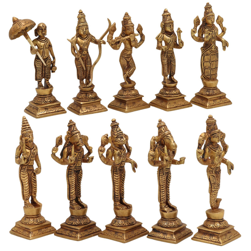 Premium Brass Vishnu Dashavatara Idol Set – Ten Avatars Murti of Vishnu (Matsya, Kurma, Varaha, Narasimha, Vamana, Parashurama, Rama, Balarama, Krishna, Kalki) for Home, Temple, Pooja Room & Office Decor,Gold, 6 Inch, 1 Piece