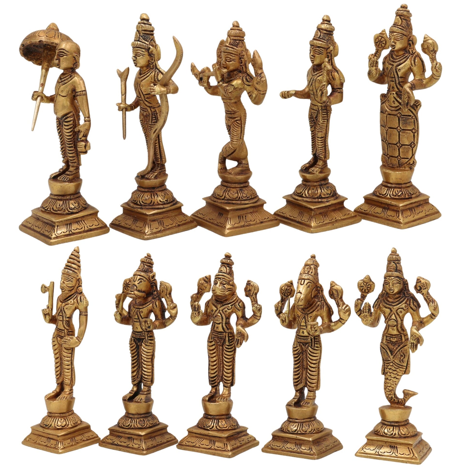 Premium Brass Vishnu Dashavatara Idol Set – Ten Avatars Murti of Vishnu (Matsya, Kurma, Varaha, Narasimha, Vamana, Parashurama, Rama, Balarama, Krishna, Kalki) for Home, Temple, Pooja Room & Office Decor,Gold, 6 Inch, 1 Piece