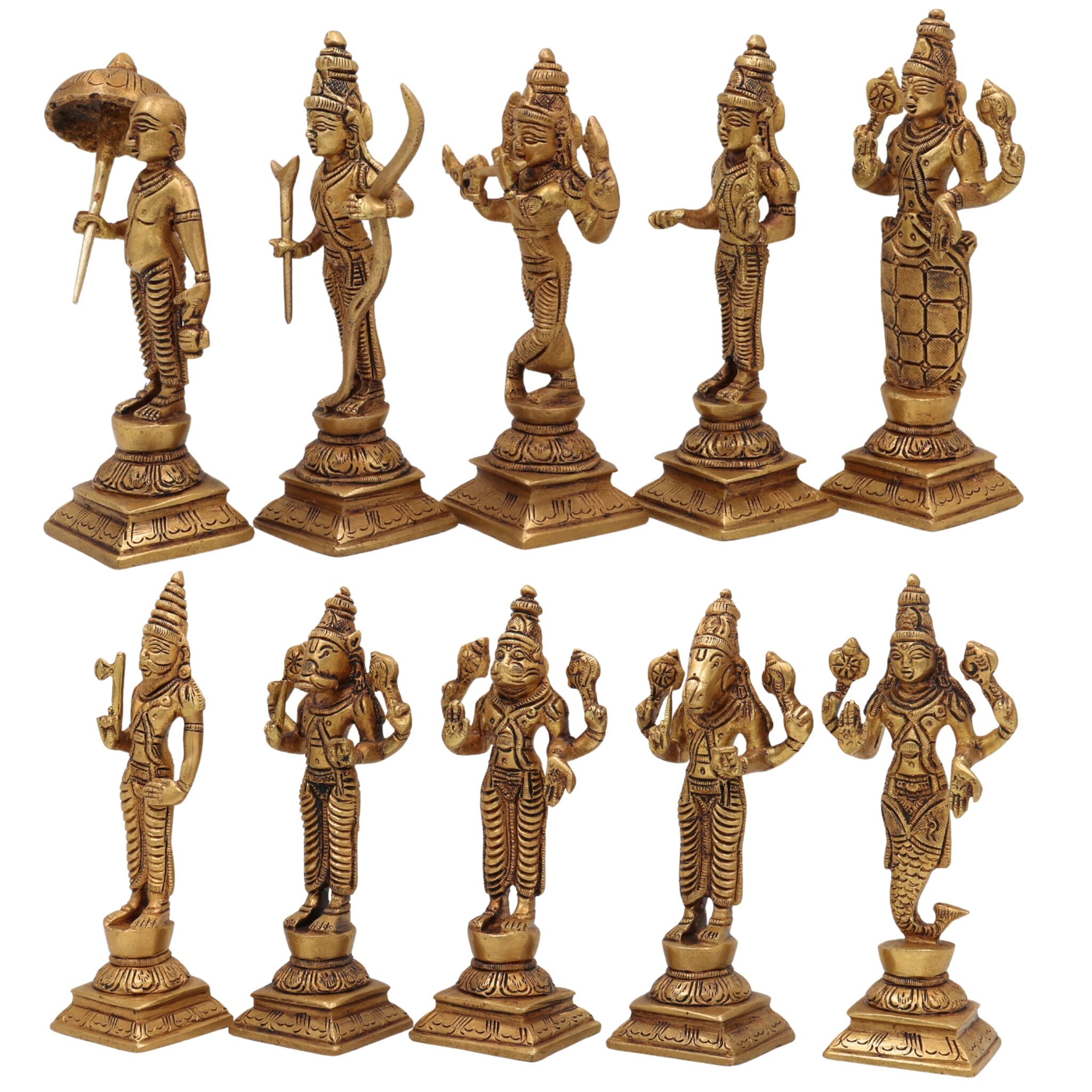 Premium Brass Vishnu Dashavatara Idol Set – Ten Avatars Murti of Vishnu (Matsya, Kurma, Varaha, Narasimha, Vamana, Parashurama, Rama, Balarama, Krishna, Kalki) for Home, Temple, Pooja Room & Office Decor,Gold, 6 Inch, 1 Piece