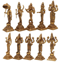 Premium Brass Vishnu Dashavatara Idol Set – Ten Avatars Murti of Vishnu (Matsya, Kurma, Varaha, Narasimha, Vamana, Parashurama, Rama, Balarama, Krishna, Kalki) for Home, Temple, Pooja Room & Office Decor,Gold, 6 Inch, 1 Piece