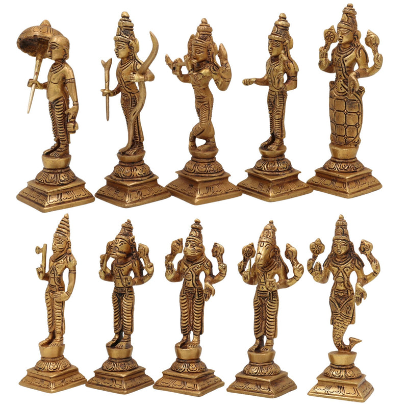 Premium Brass Vishnu Dashavatara Idol Set – Ten Avatars Murti of Vishnu (Matsya, Kurma, Varaha, Narasimha, Vamana, Parashurama, Rama, Balarama, Krishna, Kalki) for Home, Temple, Pooja Room & Office Decor,Gold, 6 Inch, 1 Piece