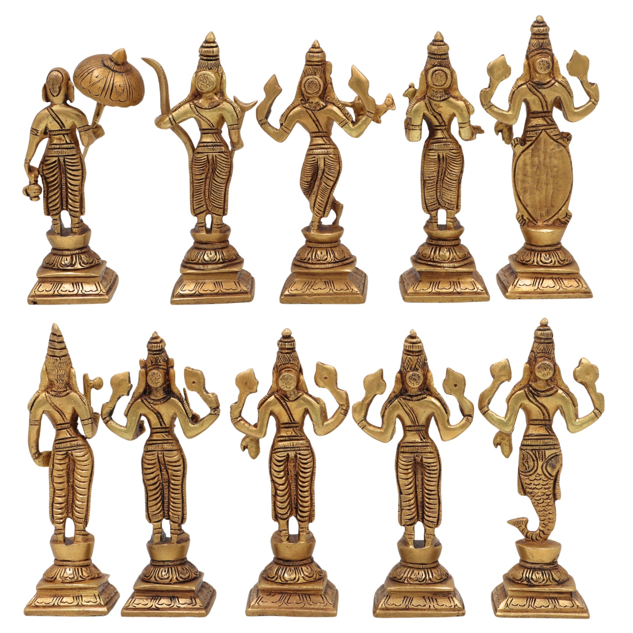 Premium Brass Vishnu Dashavatara Idol Set – Ten Avatars Murti of Vishnu (Matsya, Kurma, Varaha, Narasimha, Vamana, Parashurama, Rama, Balarama, Krishna, Kalki) for Home, Temple, Pooja Room & Office Decor,Gold, 6 Inch, 1 Piece