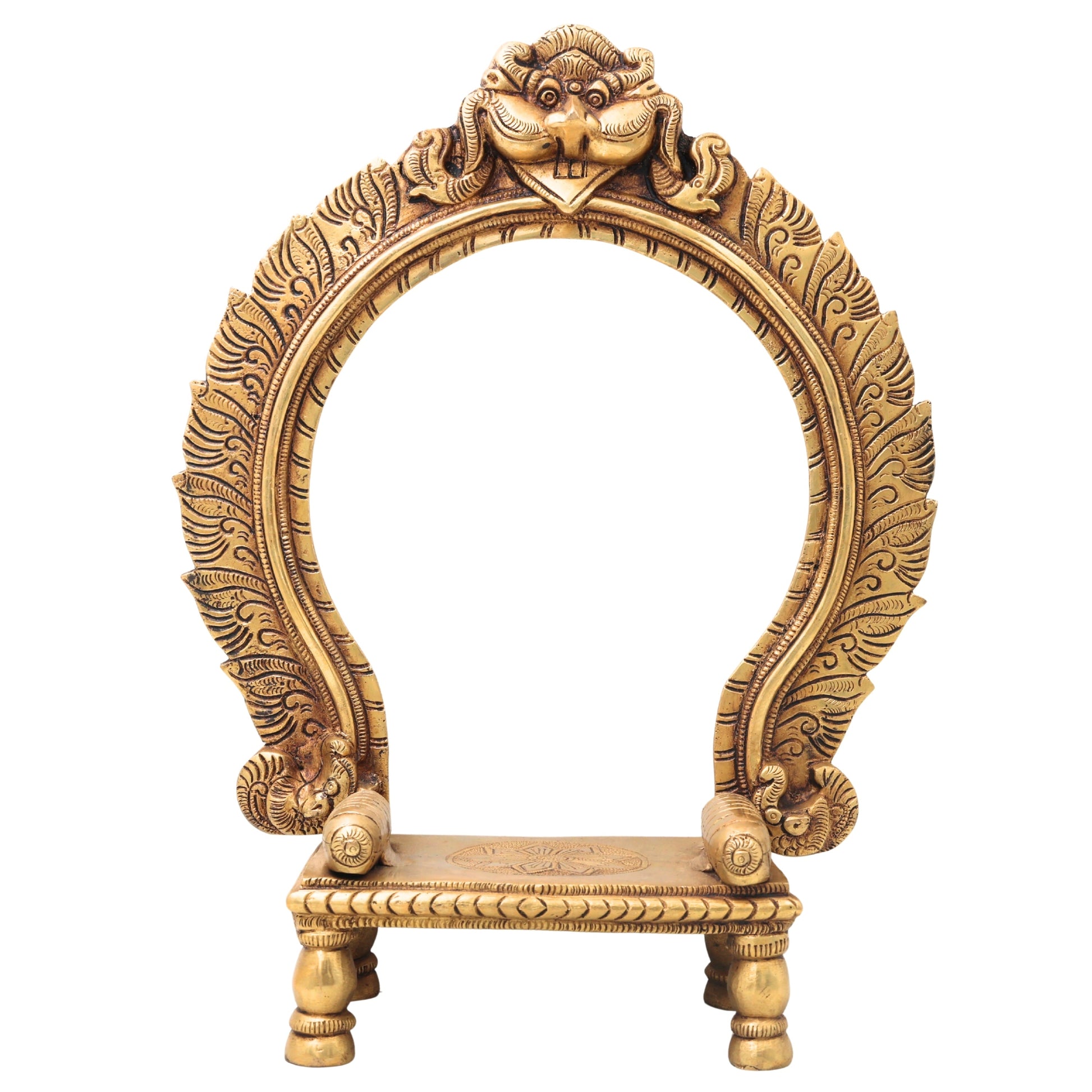 Brass Chowki with Prabhavali – Temple Deity Stand Singhasan Bajot for Idol | Peetha with Arch for Puja Mandir, Poja Aasan for God, Brass Deity Platform, Gold, 14.5 Inch, 1 Piece
