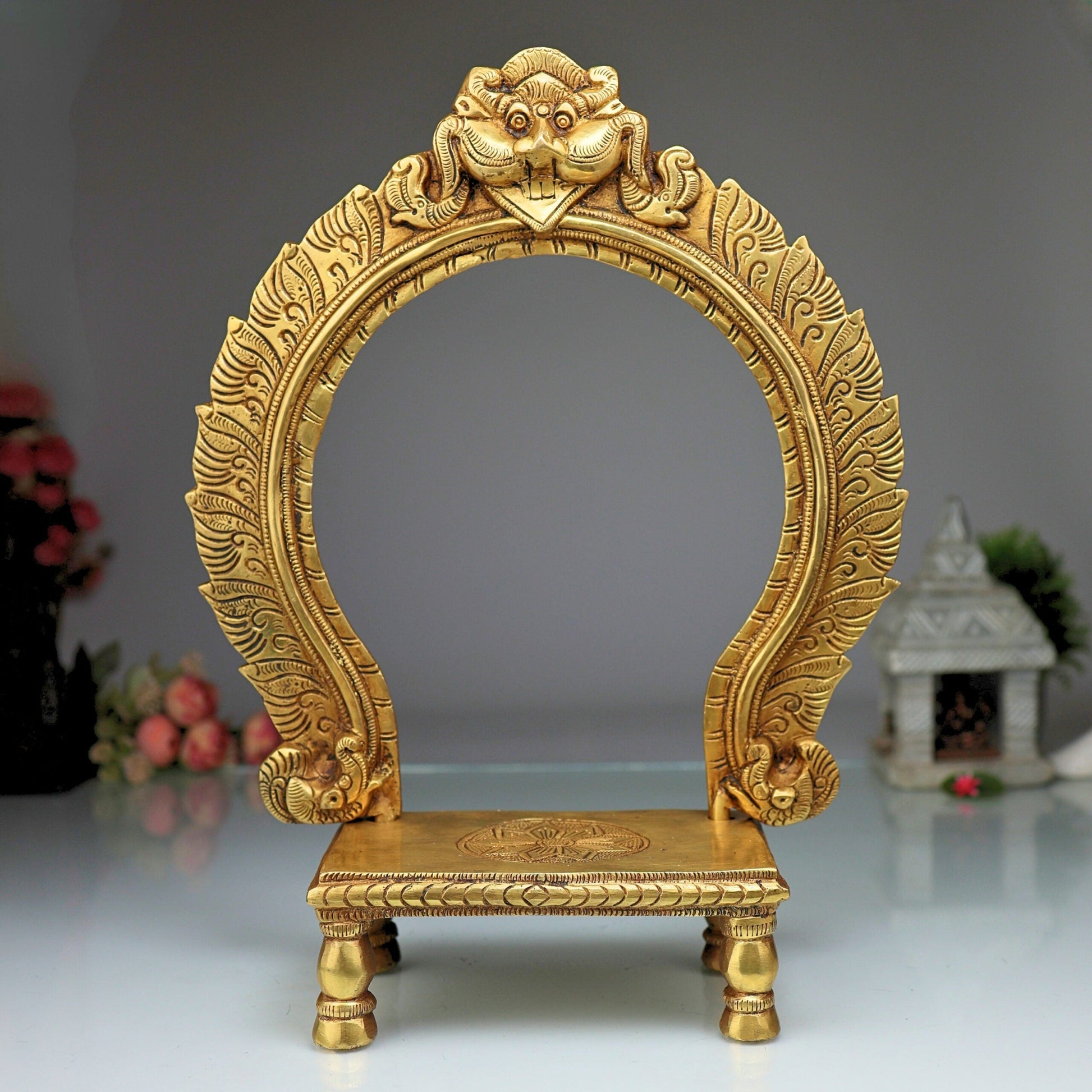 Brass Chowki with Prabhavali, Deity Singhasan Peetha Bajot for Mandir Pooja, Idol Aasan with Arch, Gold, 14.5 Inch, 1 Piece