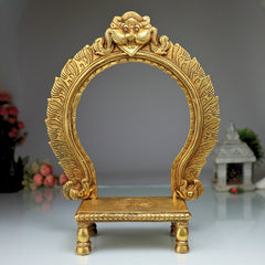 Brass Chowki with Prabhavali, Deity Singhasan Peetha Bajot for Mandir Pooja, Idol Aasan with Arch, Gold, 14.5 Inch, 1 Piece
