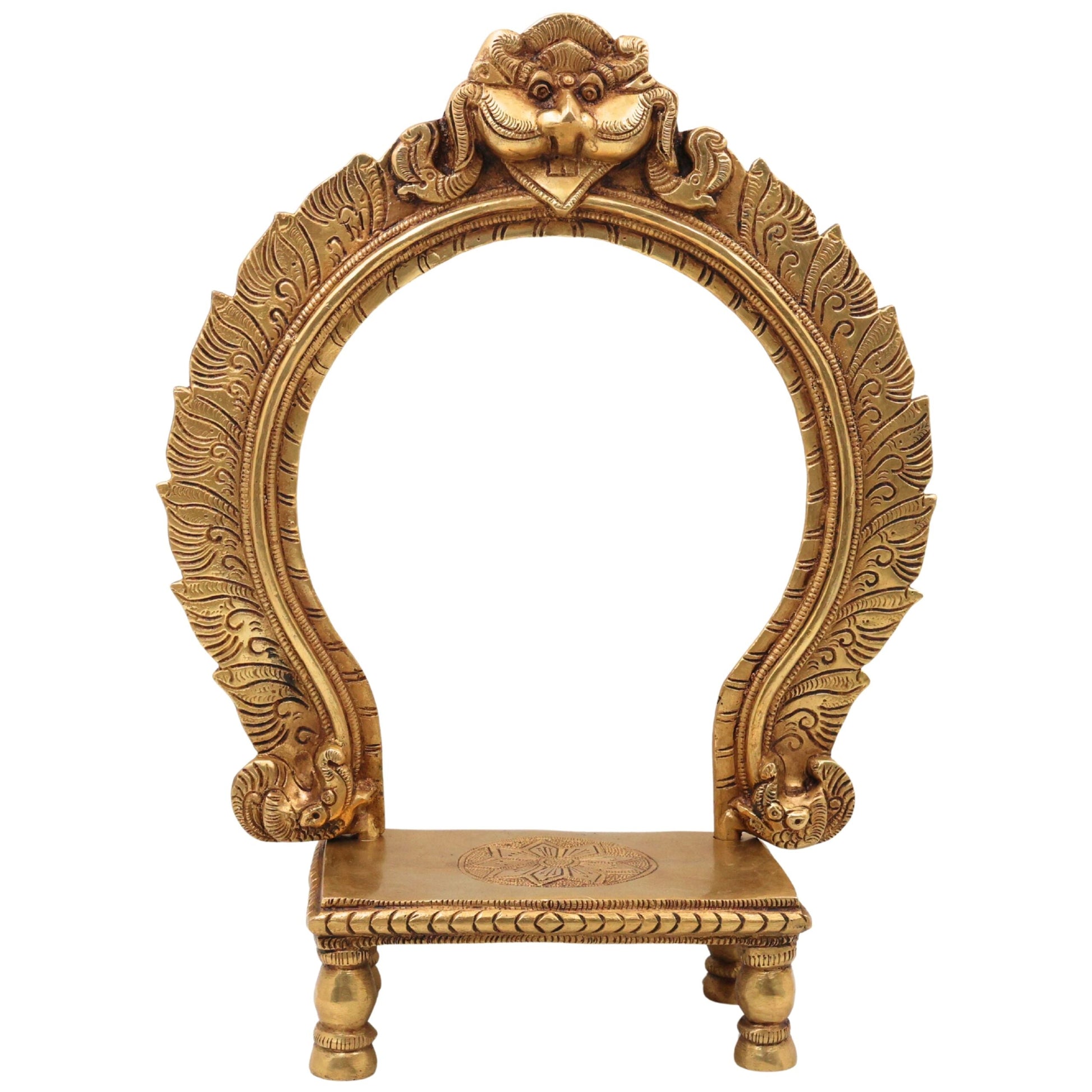 Brass Chowki with Prabhavali, Deity Singhasan Peetha Bajot for Mandir Pooja, Idol Aasan with Arch, Gold, 14.5 Inch, 1 Piece