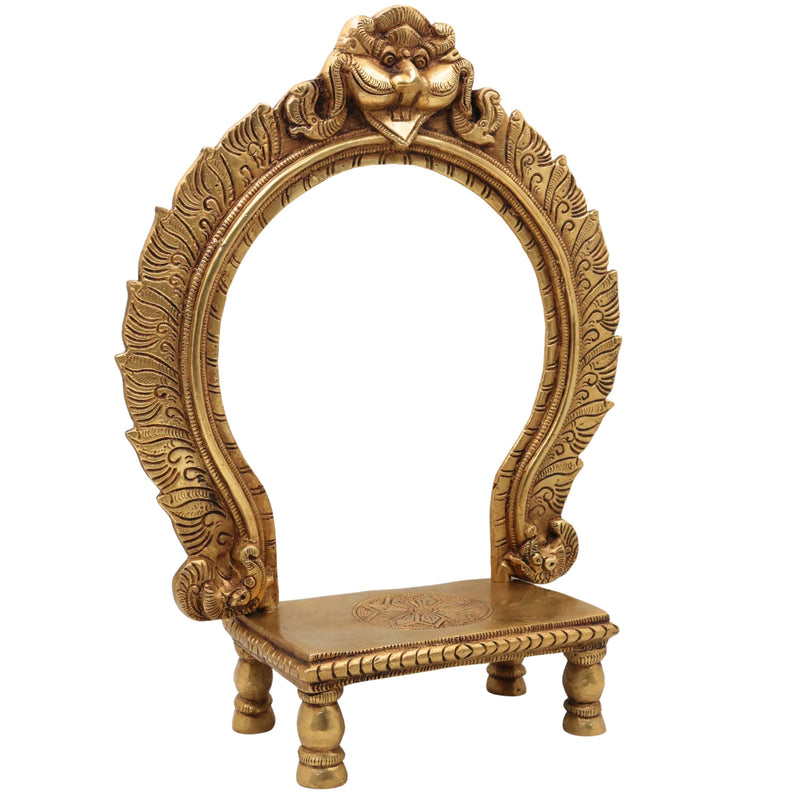 Brass Chowki with Prabhavali, Deity Singhasan Peetha Bajot for Mandir Pooja, Idol Aasan with Arch, Gold, 14.5 Inch, 1 Piece