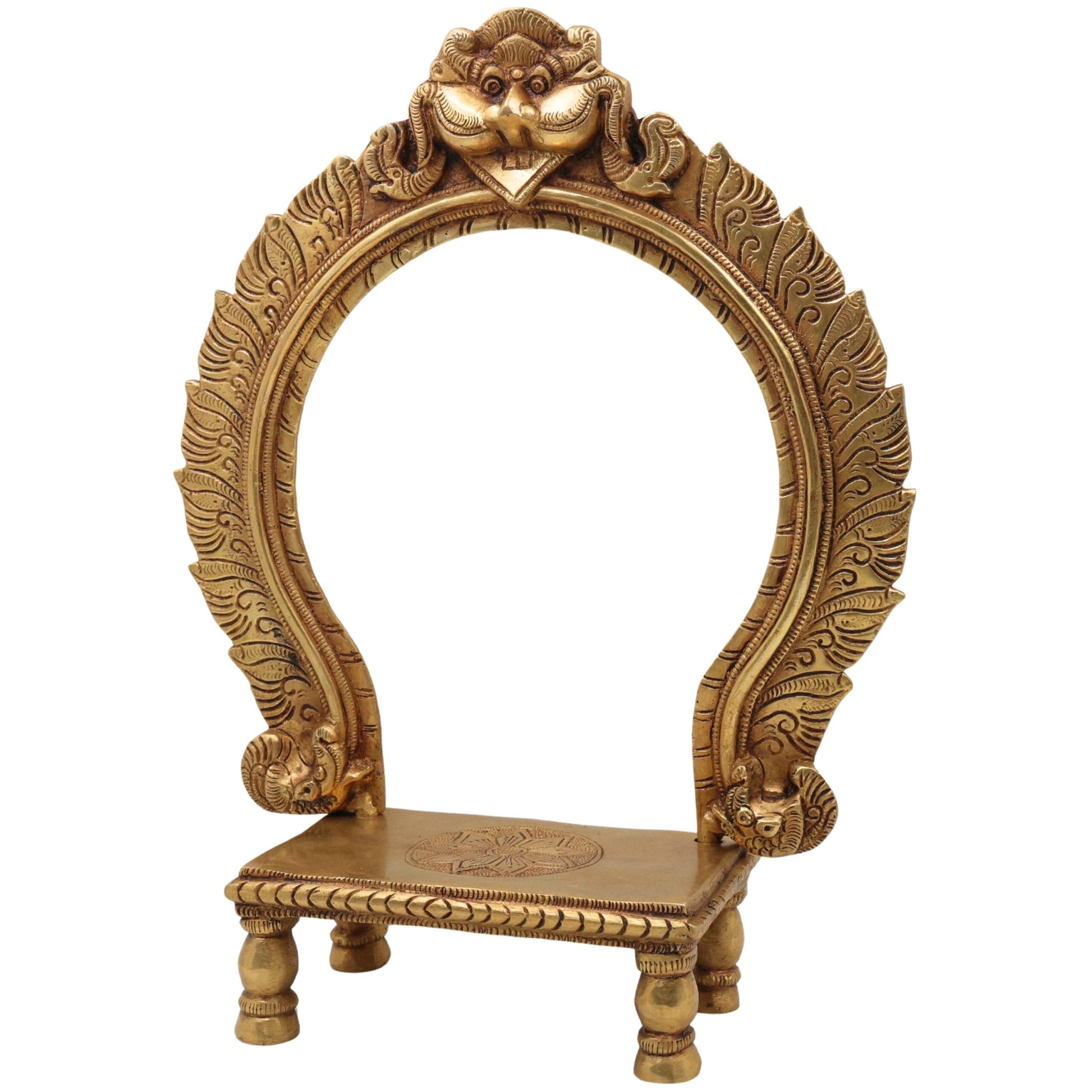 Brass Chowki with Prabhavali, Deity Singhasan Peetha Bajot for Mandir Pooja, Idol Aasan with Arch, Gold, 14.5 Inch, 1 Piece