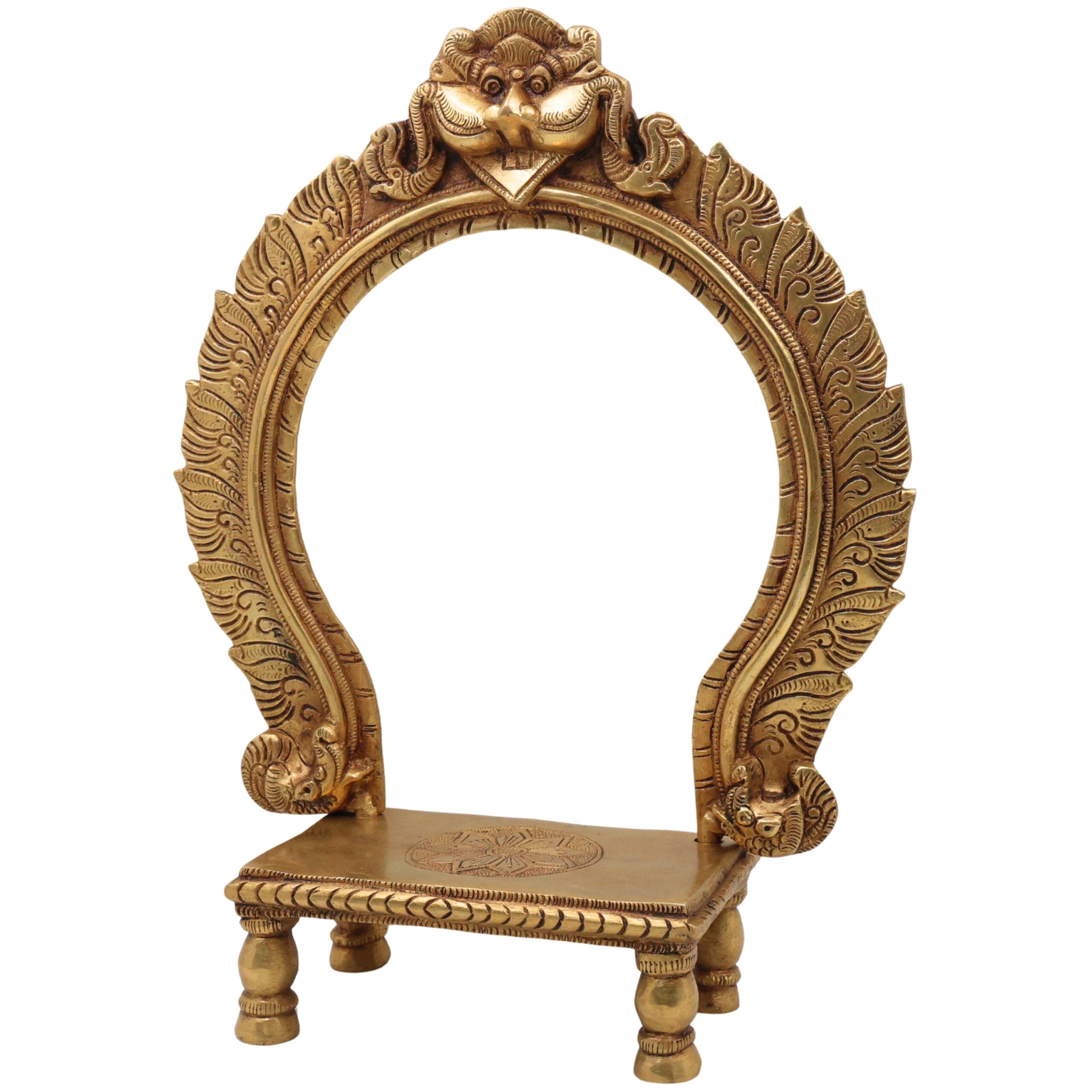 Brass Chowki with Prabhavali, Deity Singhasan Peetha Bajot for Mandir Pooja, Idol Aasan with Arch, Gold, 14.5 Inch, 1 Piece