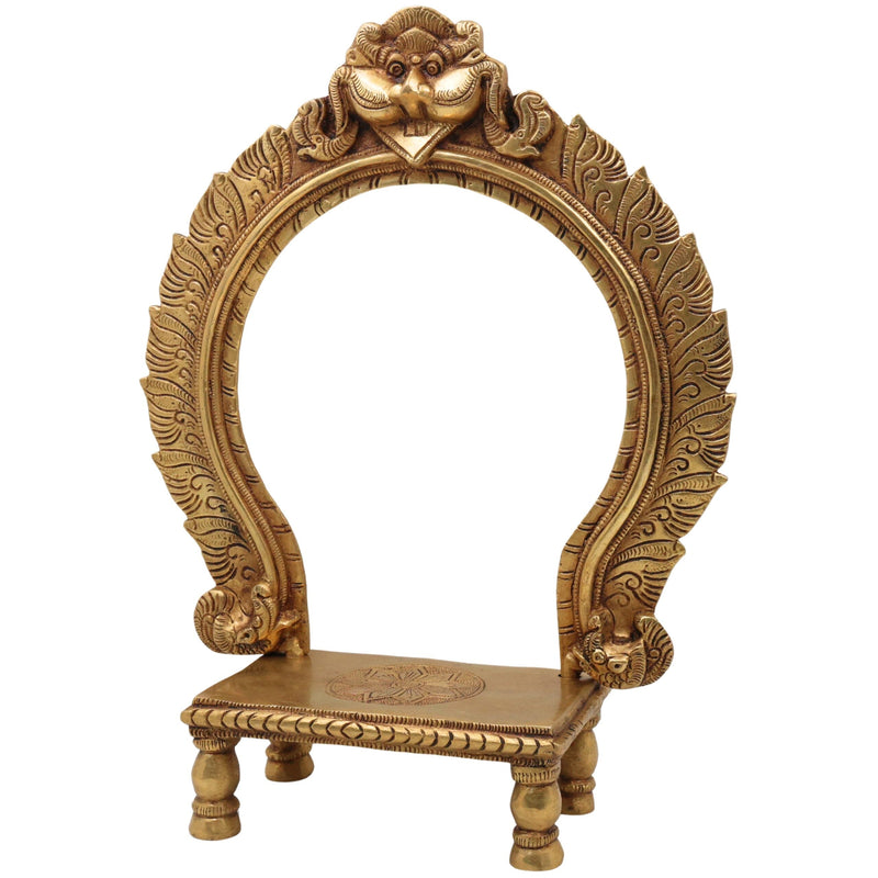 Brass Chowki with Prabhavali, Deity Singhasan Peetha Bajot for Mandir Pooja, Idol Aasan with Arch, Gold, 14.5 Inch, 1 Piece