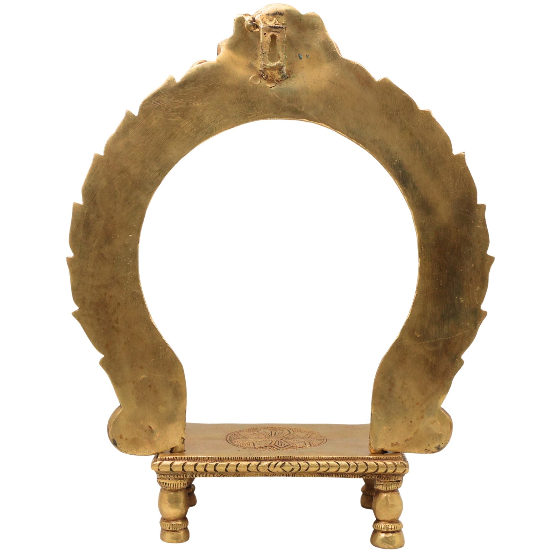 Brass Chowki with Prabhavali, Deity Singhasan Peetha Bajot for Mandir Pooja, Idol Aasan with Arch, Gold, 14.5 Inch, 1 Piece