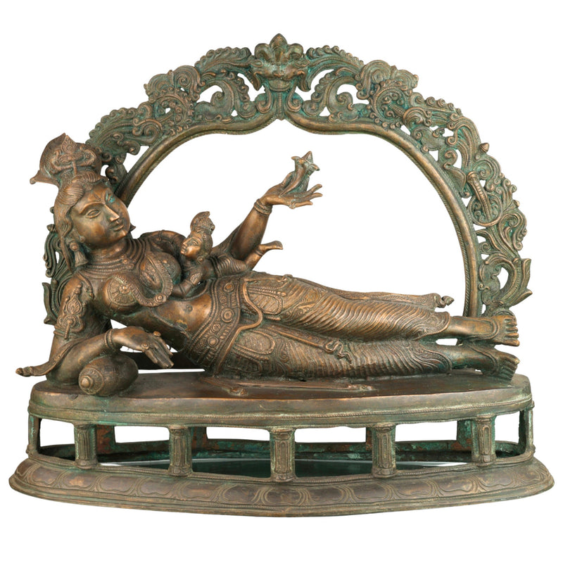 Bronze Feeding Yashoda with Baby Krishna Idol, Panchaloha Chola Art Bala Gopala, Kanha, Ladoo Gopal, Natkhat Krishna Temple Statue,Gold, 17 Inch, 1 Piece