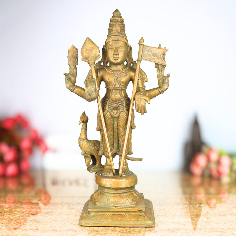 Panchaloha Bronze Murugan Idol – Handmade Subramanya | Kartikeya | Arumugan | Vel Murugan Sculpture for Pooja & Temple (41cm, 6.9 KG)Gold, 16.5 Inch, 1 Piece