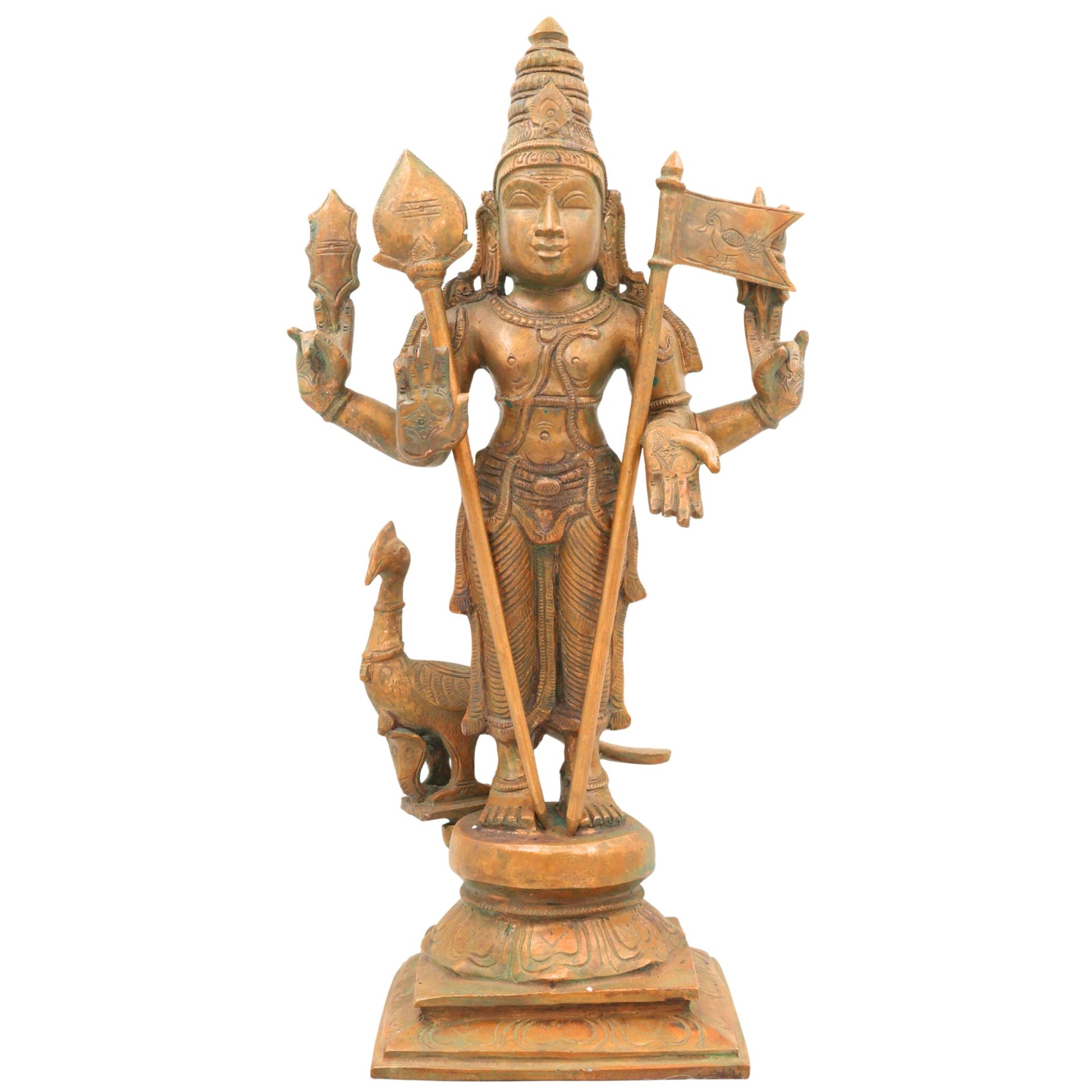 Panchaloha Bronze Murugan Idol – Handmade Subramanya | Kartikeya | Arumugan | Vel Murugan Sculpture for Pooja & Temple (41cm, 6.9 KG)Gold, 16.5 Inch, 1 Piece