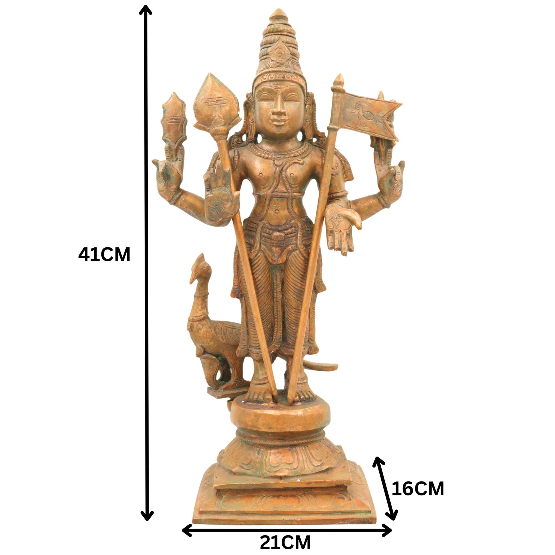 Panchaloha Bronze Murugan Idol – Handmade Subramanya | Kartikeya | Arumugan | Vel Murugan Sculpture for Pooja & Temple (41cm, 6.9 KG)Gold, 16.5 Inch, 1 Piece
