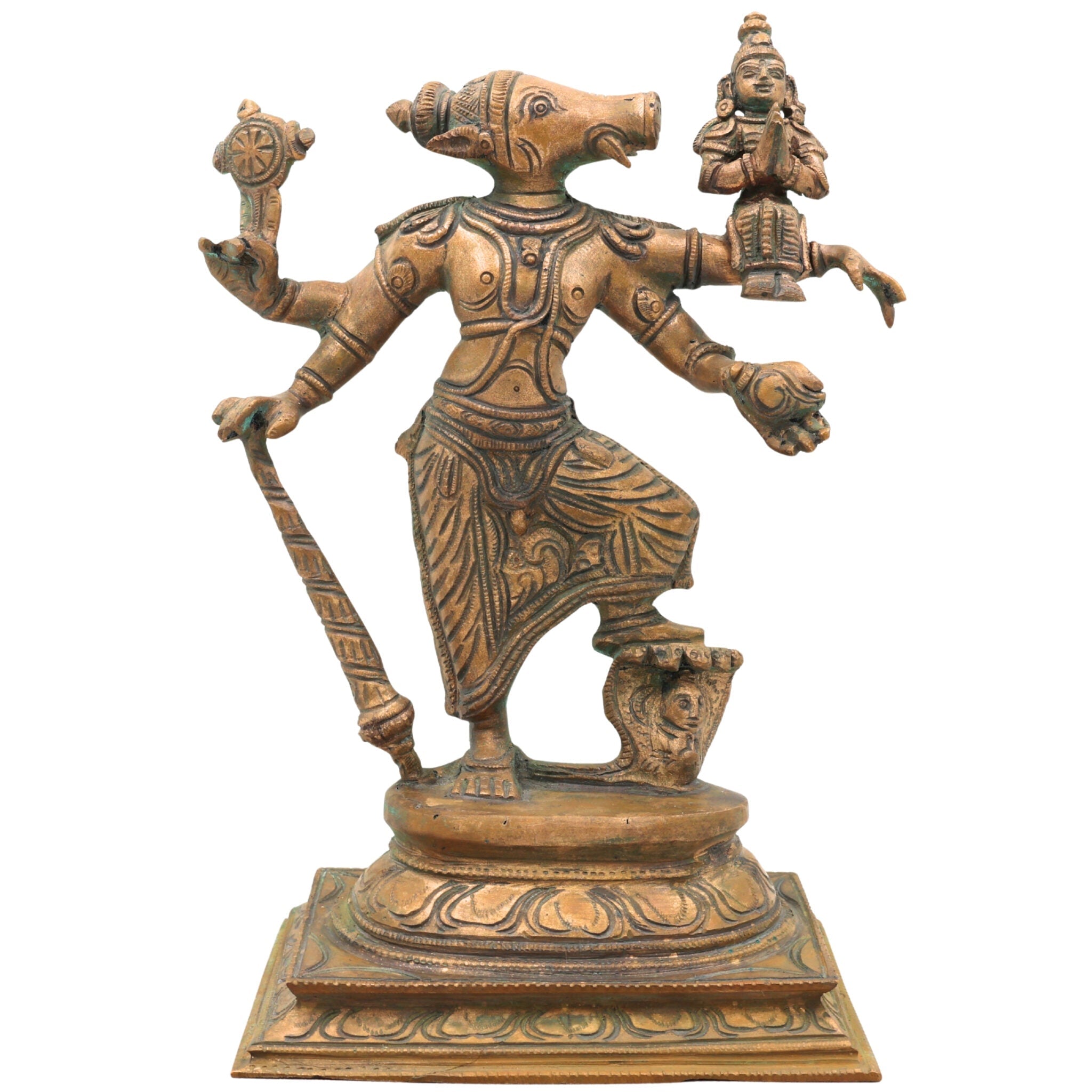 Handcrafted Bronze Panchaloha Varaha Swamy with Bhudevi Idol | Vishnu Varaha Murthy Perumal Bhu Varaha Moorthy Chola Art Sculpture for Temple & Home Decor,Gold, 9 Inch, 1 Piece