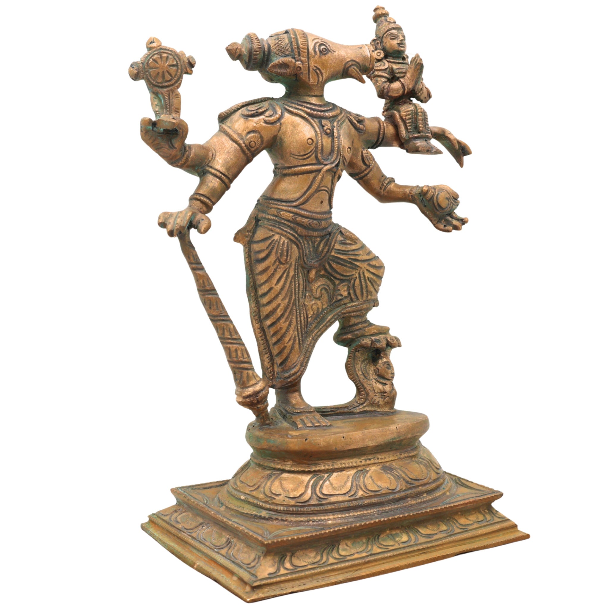 Handcrafted Bronze Panchaloha Varaha Swamy with Bhudevi Idol | Vishnu Varaha Murthy Perumal Bhu Varaha Moorthy Chola Art Sculpture for Temple & Home Decor,Gold, 9 Inch, 1 Piece