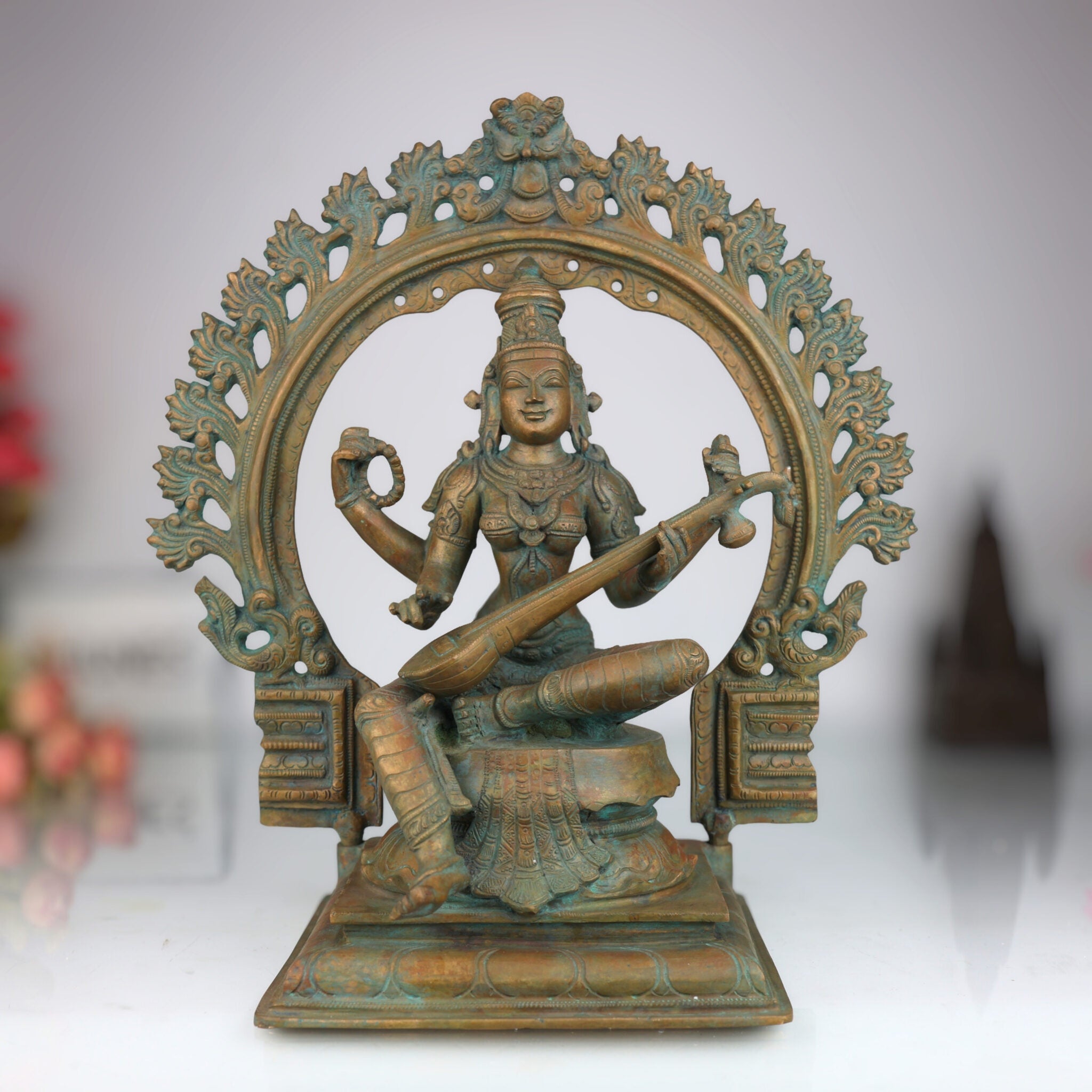 Handcrafted Panchaloha Goddess Saraswati Idol, Sharada Devi, Vani, Bharati, Vagdevi Bronze Murti for Puja, Temple & Home Decor,Brown, 13.5 Inch, 1 Piece