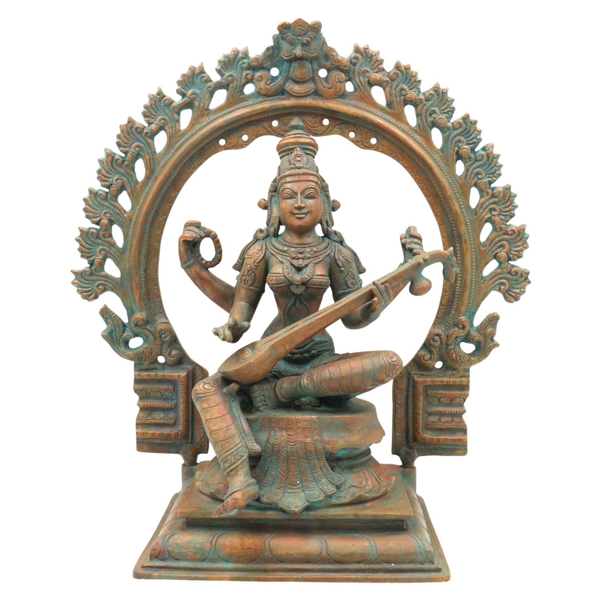 Handcrafted Panchaloha Goddess Saraswati Idol, Sharada Devi, Vani, Bharati, Vagdevi Bronze Murti for Puja, Temple & Home Decor,Brown, 13.5 Inch, 1 Piece