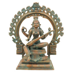 Handcrafted Panchaloha Goddess Saraswati Idol, Sharada Devi, Vani, Bharati, Vagdevi Bronze Murti for Puja, Temple & Home Decor,Brown, 13.5 Inch, 1 Piece